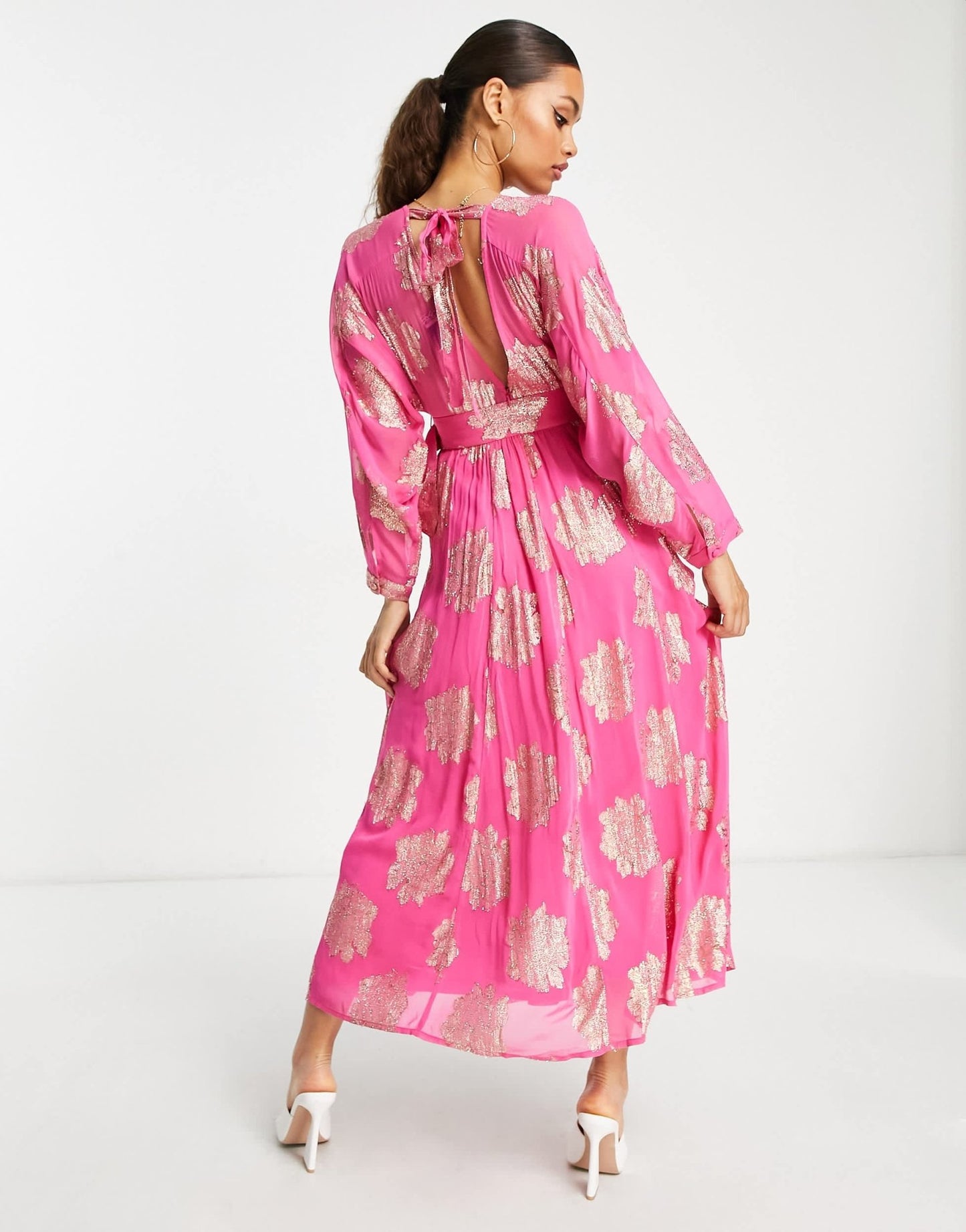 ASOS DESIGN Petite belted batwing maxi tea dress in pink metallic jacquard - ASOS Sample Sale EU Store