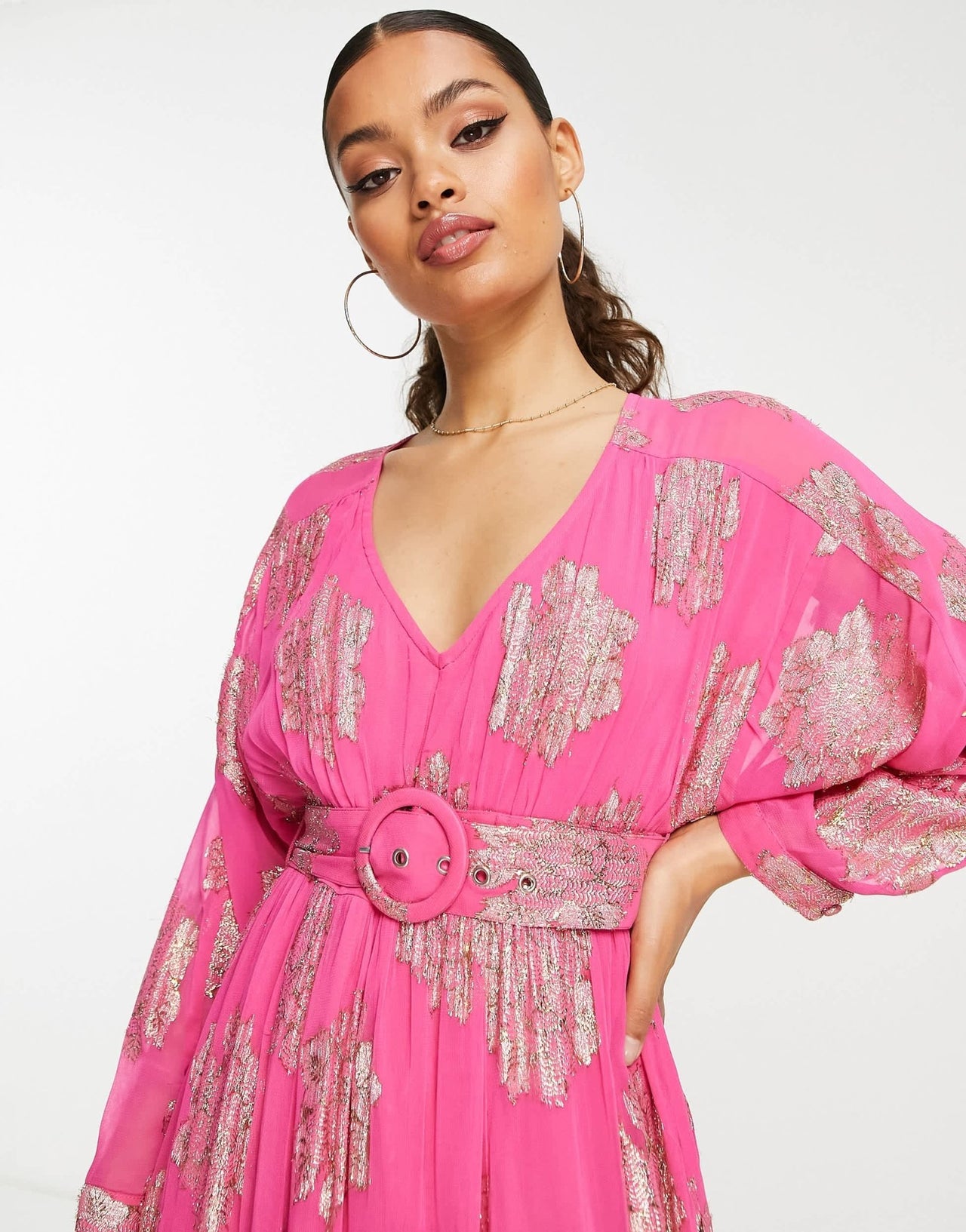 ASOS DESIGN Petite belted batwing maxi tea dress in pink metallic jacquard - ASOS Sample Sale EU Store