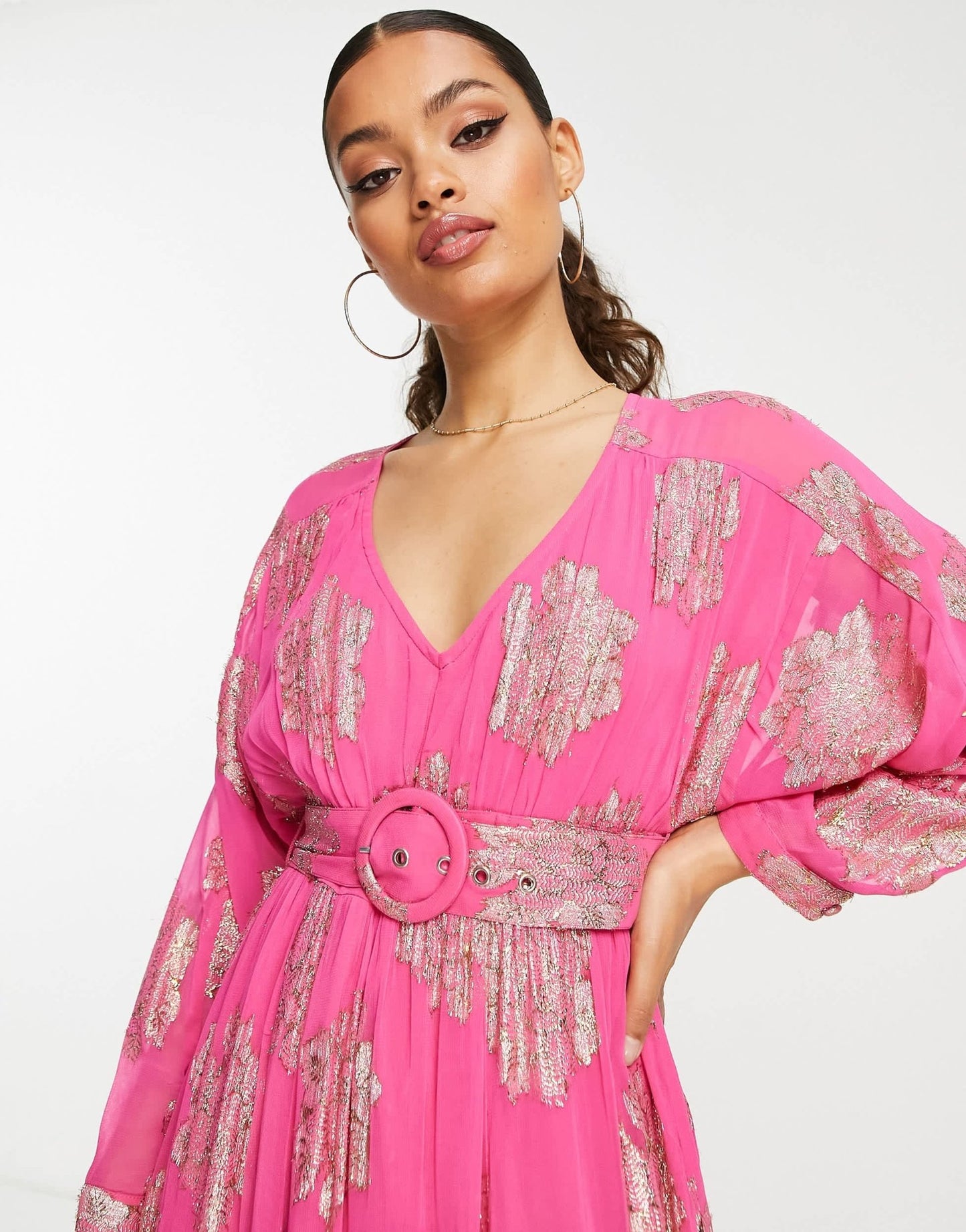 ASOS DESIGN Petite belted batwing maxi tea dress in pink metallic jacquard - ASOS Sample Sale EU Store