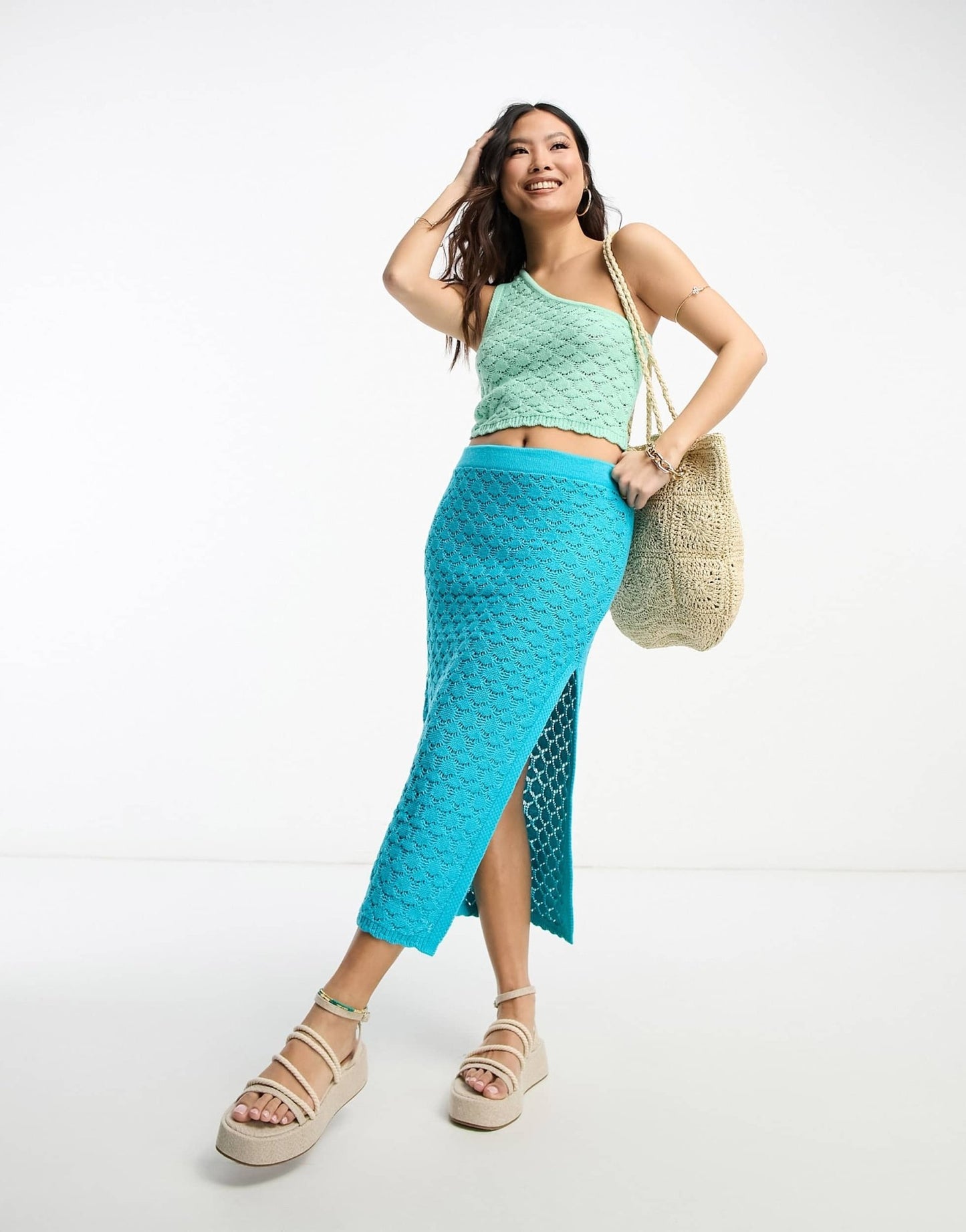 ASOS DESIGN Petite crochet one shoulder top in wave stitch in turquoise co - ord - ASOS Sample Sale EU Store