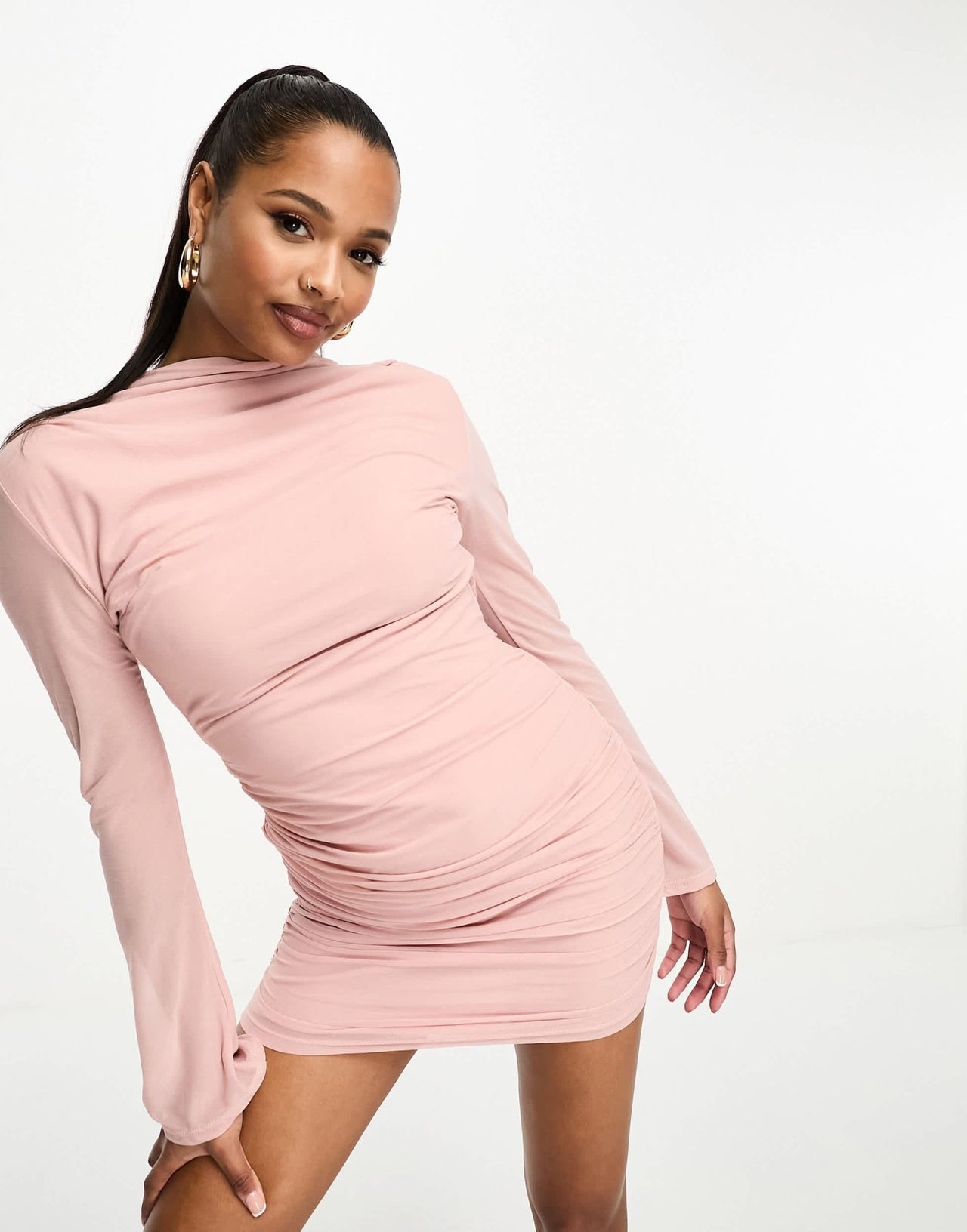 ASOS DESIGN Petite high neck ruched mesh mini dress in blush pink - ASOS Sample Sale EU Store