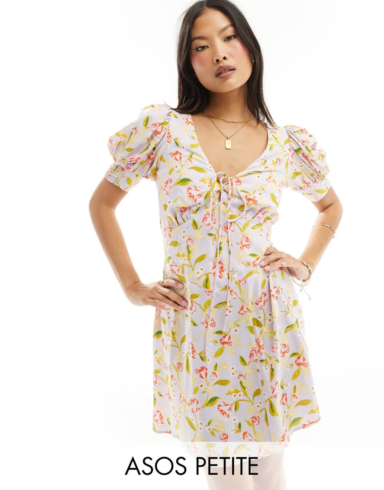 ASOS DESIGN Petite milkmaid tie up mini dress in lilac print - ASOS Sample Sale EU Store