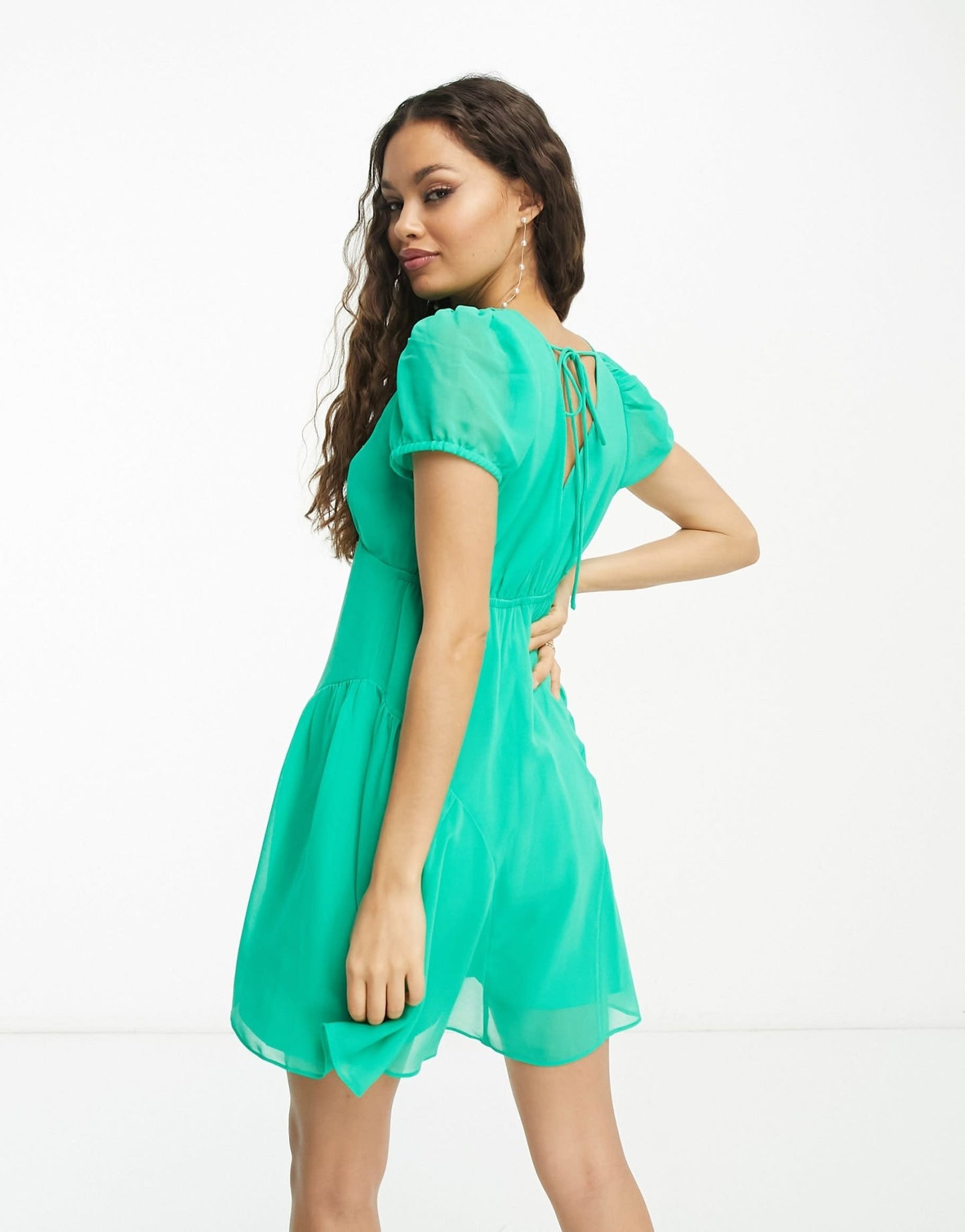 ASOS DESIGN Petite short sleeve v - neck chiffon mini dress in emerald green - ASOS Sample Sale EU Store