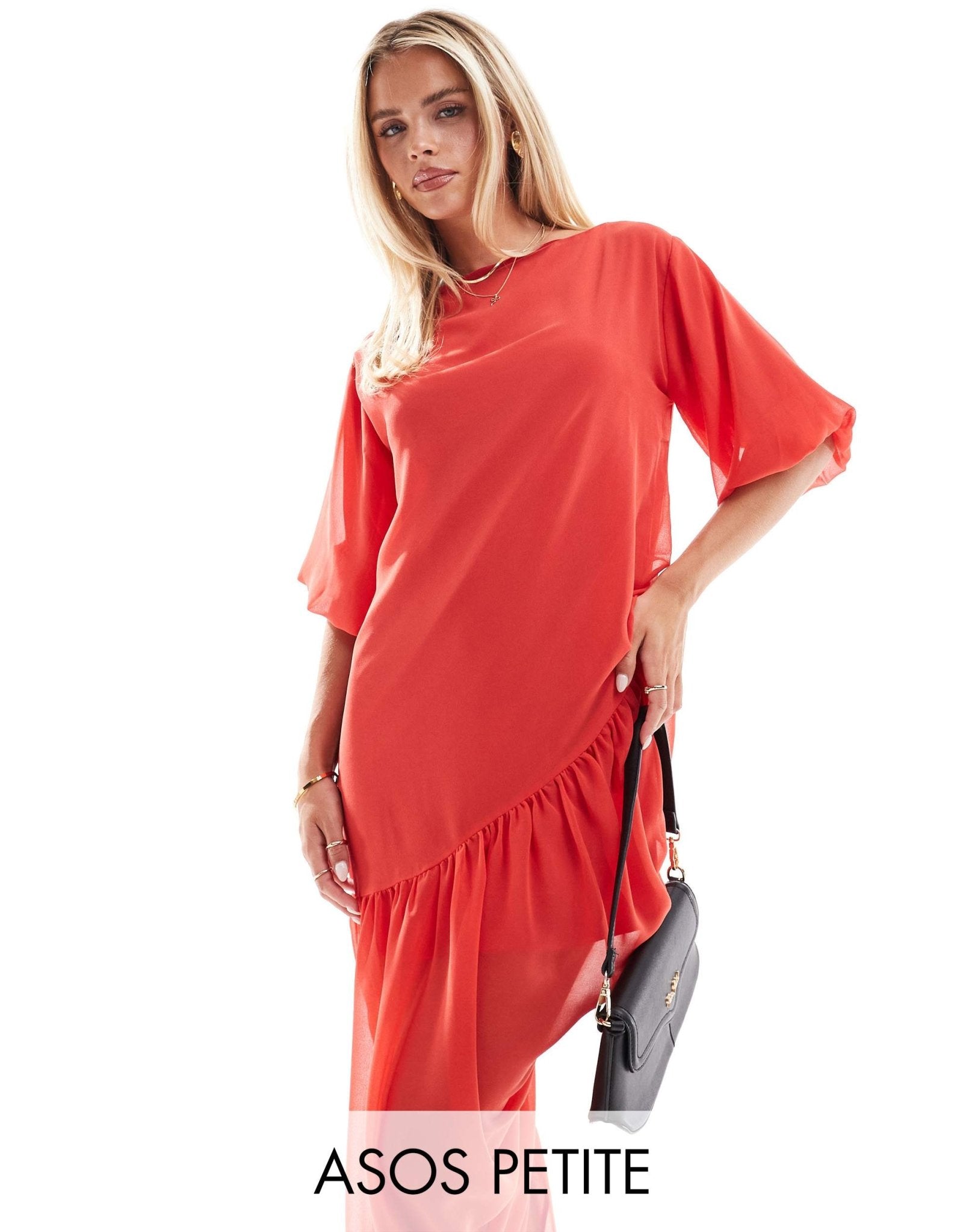 ASOS DESIGN Petite slash neck gathered asym midi dress in red - ASOS Sample Sale EU Store