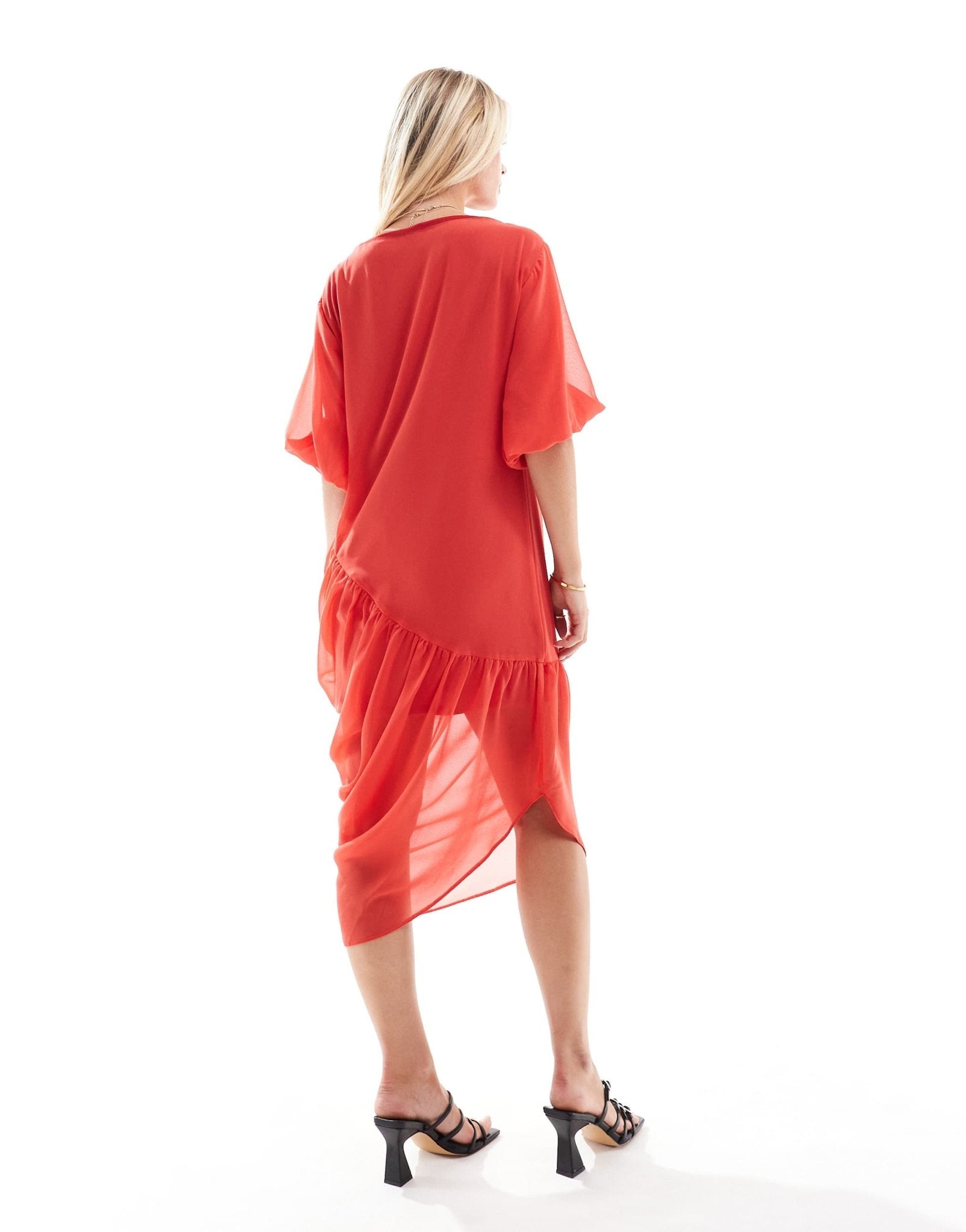 ASOS DESIGN Petite slash neck gathered asym midi dress in red - ASOS Sample Sale EU Store