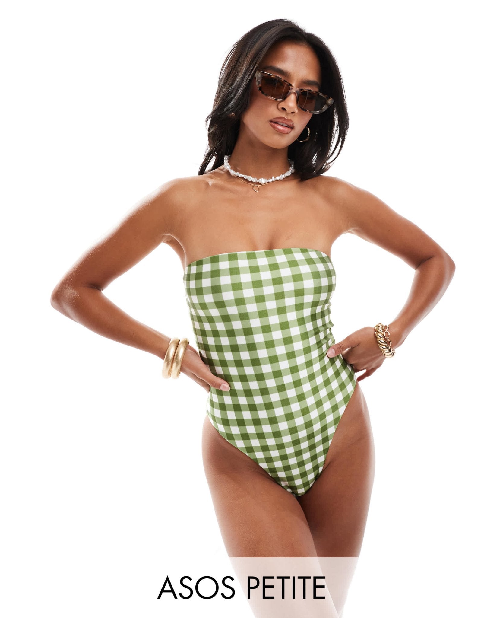 ASOS DESIGN Petite sleek bandeau swimsuit in green gingham - ASOS Sample Sale EU Store