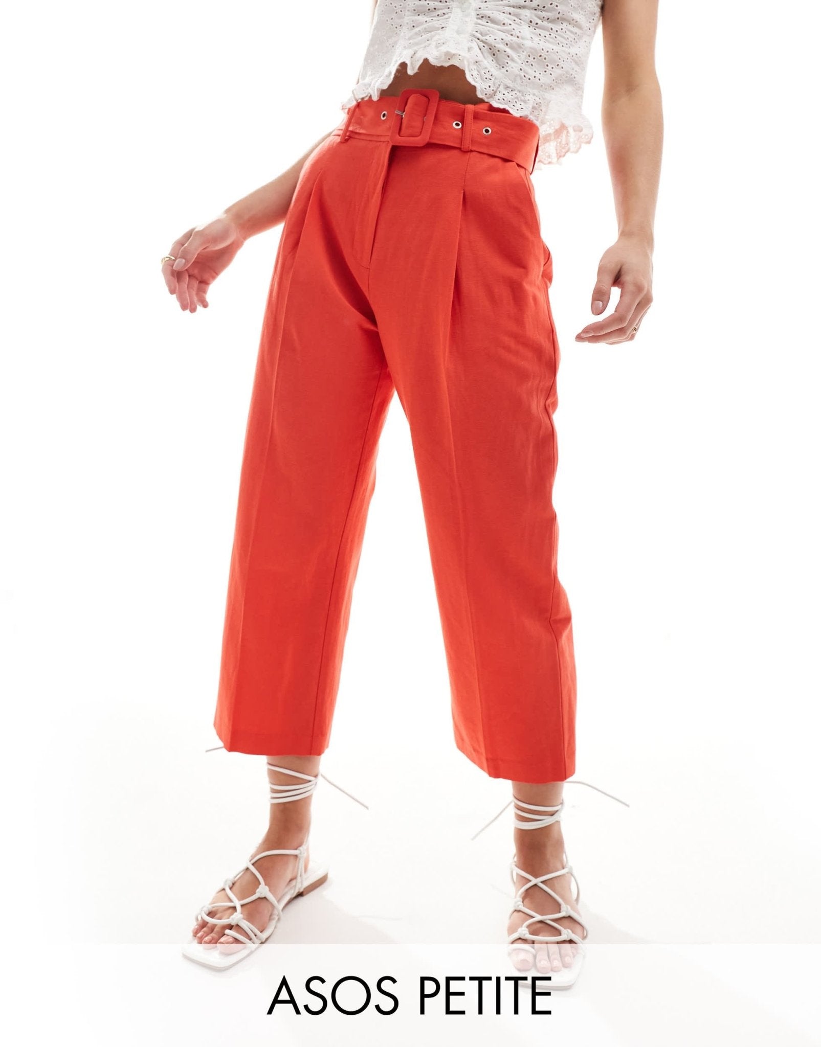 ASOS DESIGN Petite tailored belted trouser with linen in red - ASOS Sample Sale EU Store