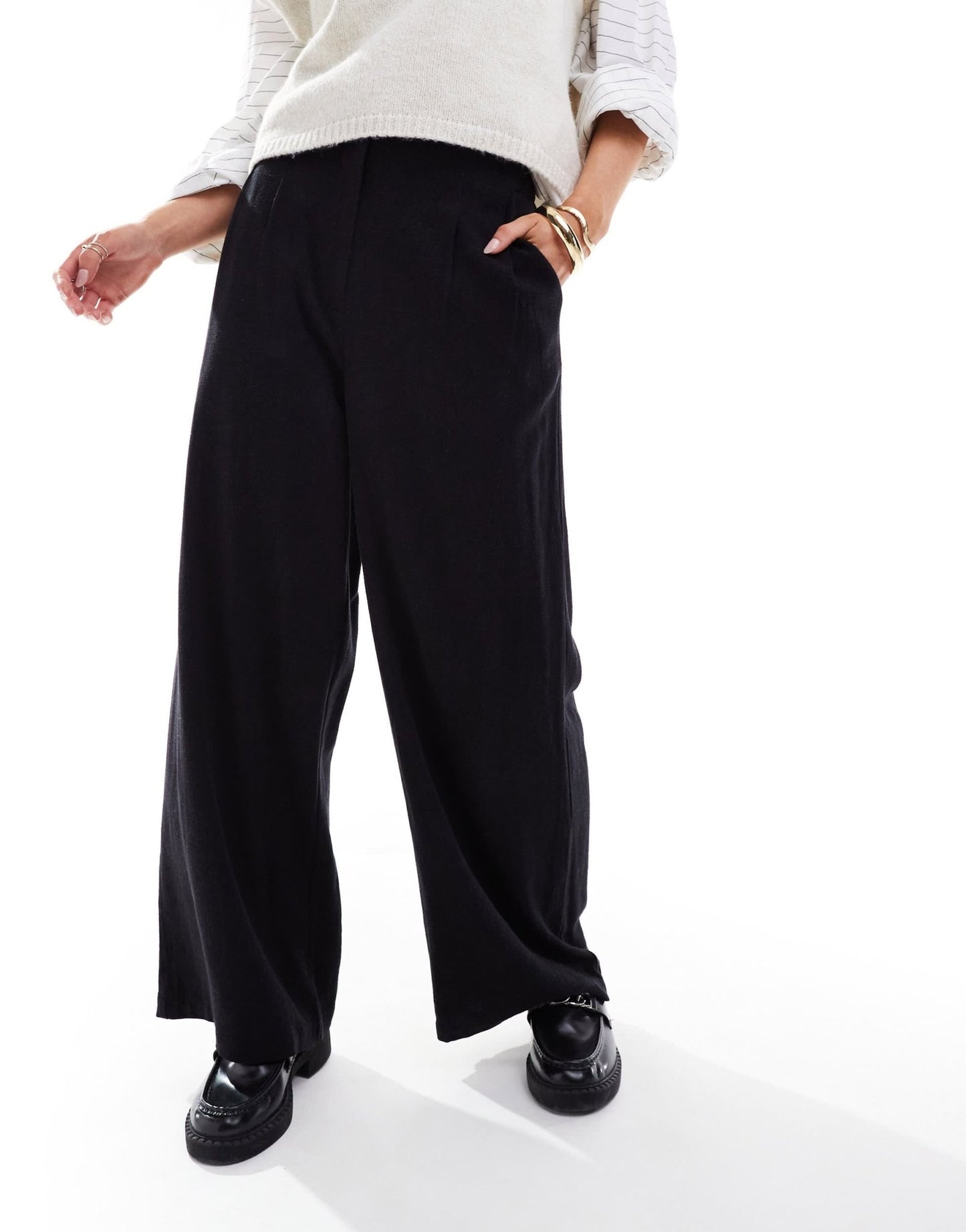 ASOS DESIGN Petite tailored high waist seam wide leg detail linen trousers in black - ASOS Sample Sale EU Store