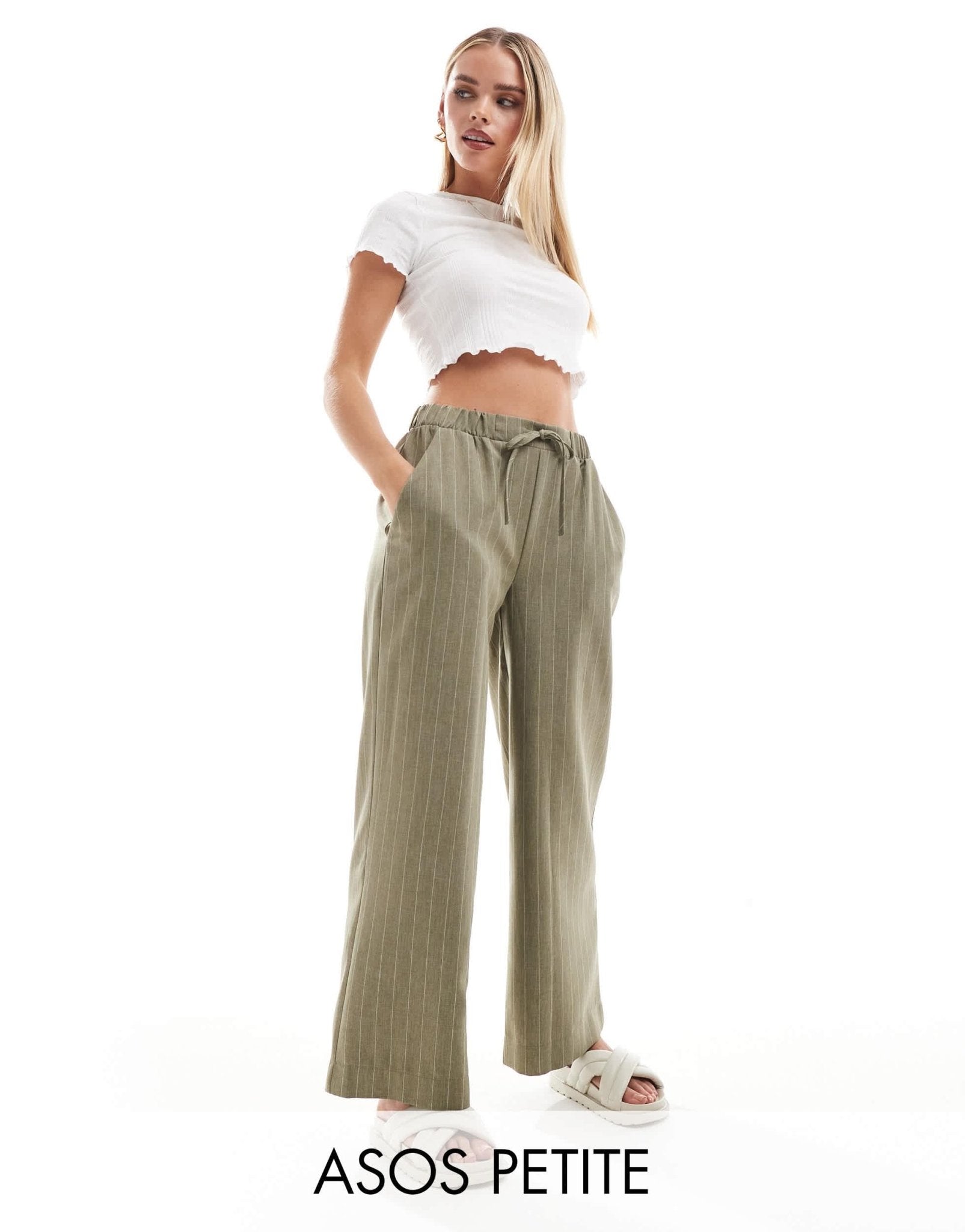ASOS DESIGN Petite tailored pull on trousers in olive stripe - ASOS Sample Sale EU Store