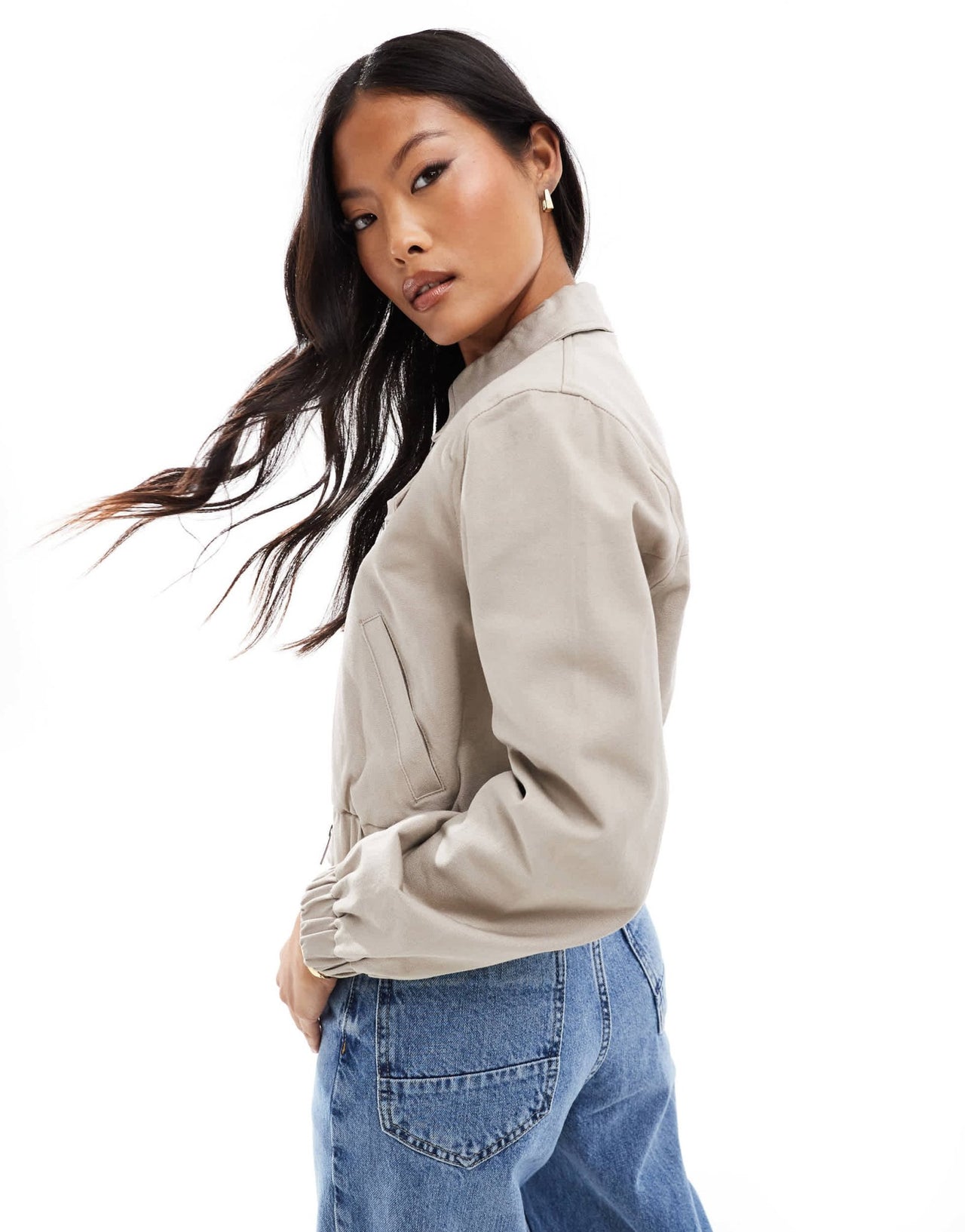 ASOS DESIGN Petite tailored top collar bomber jacket with pocket detail in oatmeal - ASOS Sample Sale EU Store