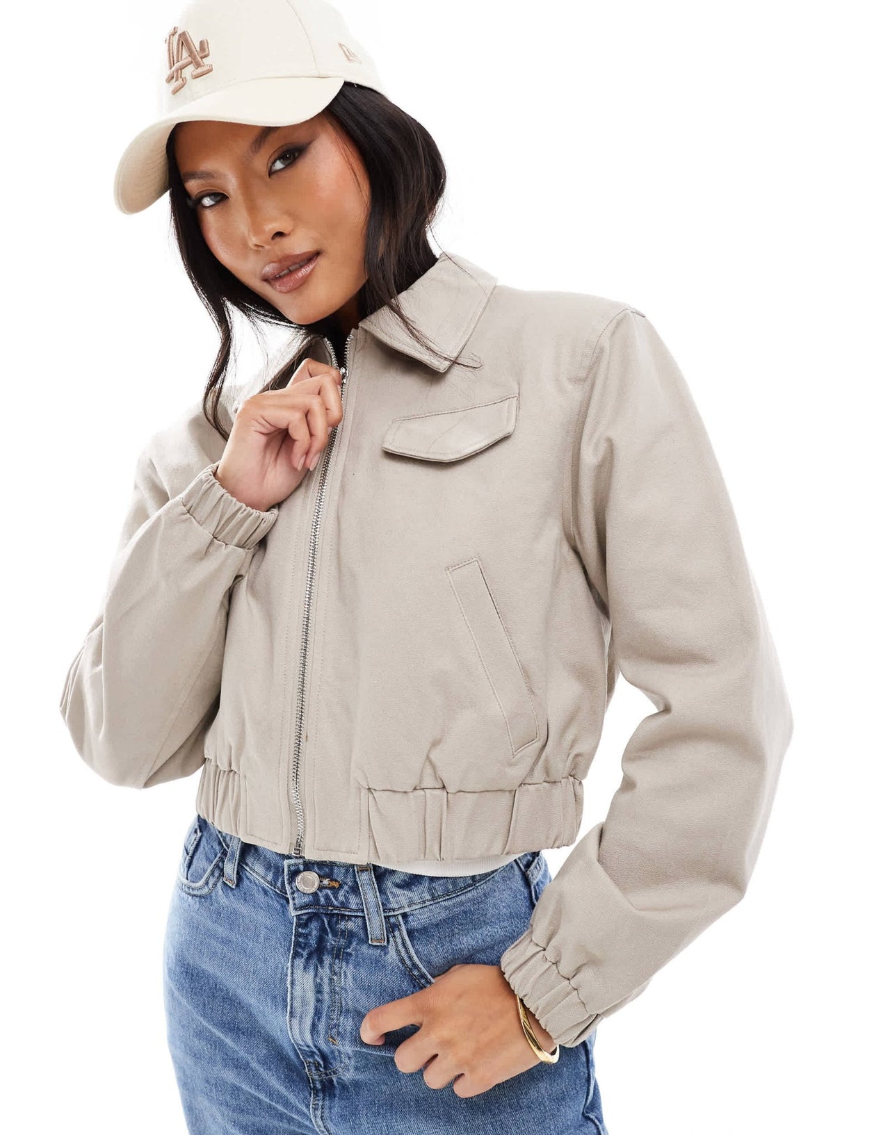 ASOS DESIGN Petite tailored top collar bomber jacket with pocket detail in oatmeal - ASOS Sample Sale EU Store
