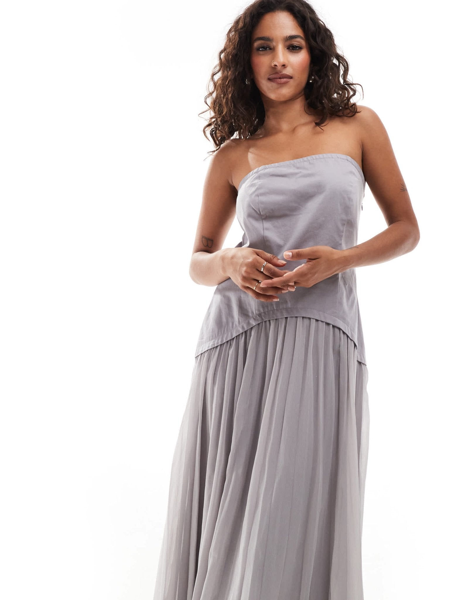 ASOS DESIGN Petite twill bandeau and chiffon pleated midi dress in grey - ASOS Sample Sale EU Store