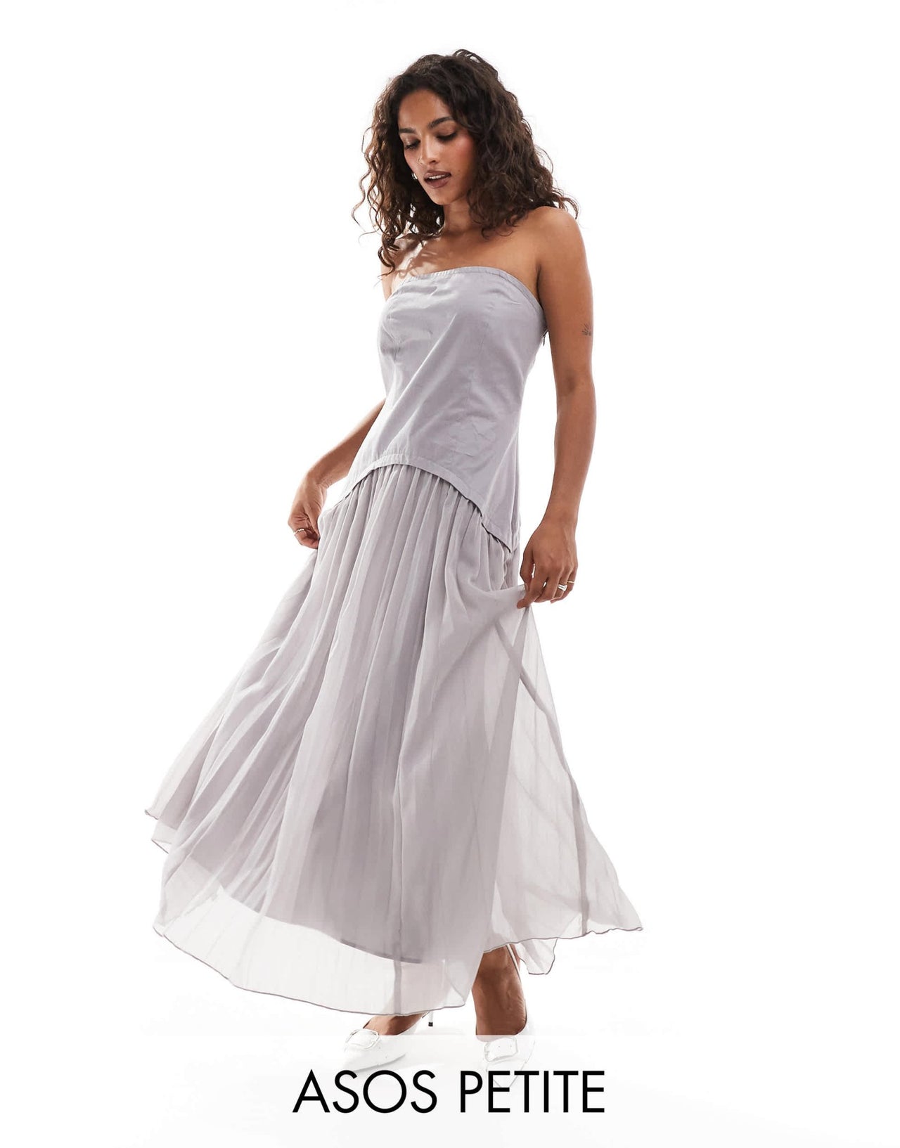 ASOS DESIGN Petite twill bandeau and chiffon pleated midi dress in grey - ASOS Sample Sale EU Store