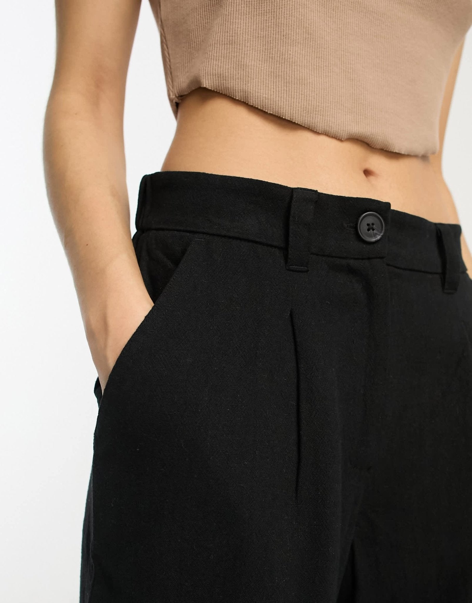 ASOS DESIGN Petite wide leg dad trousers with linen in black - ASOS Sample Sale EU Store