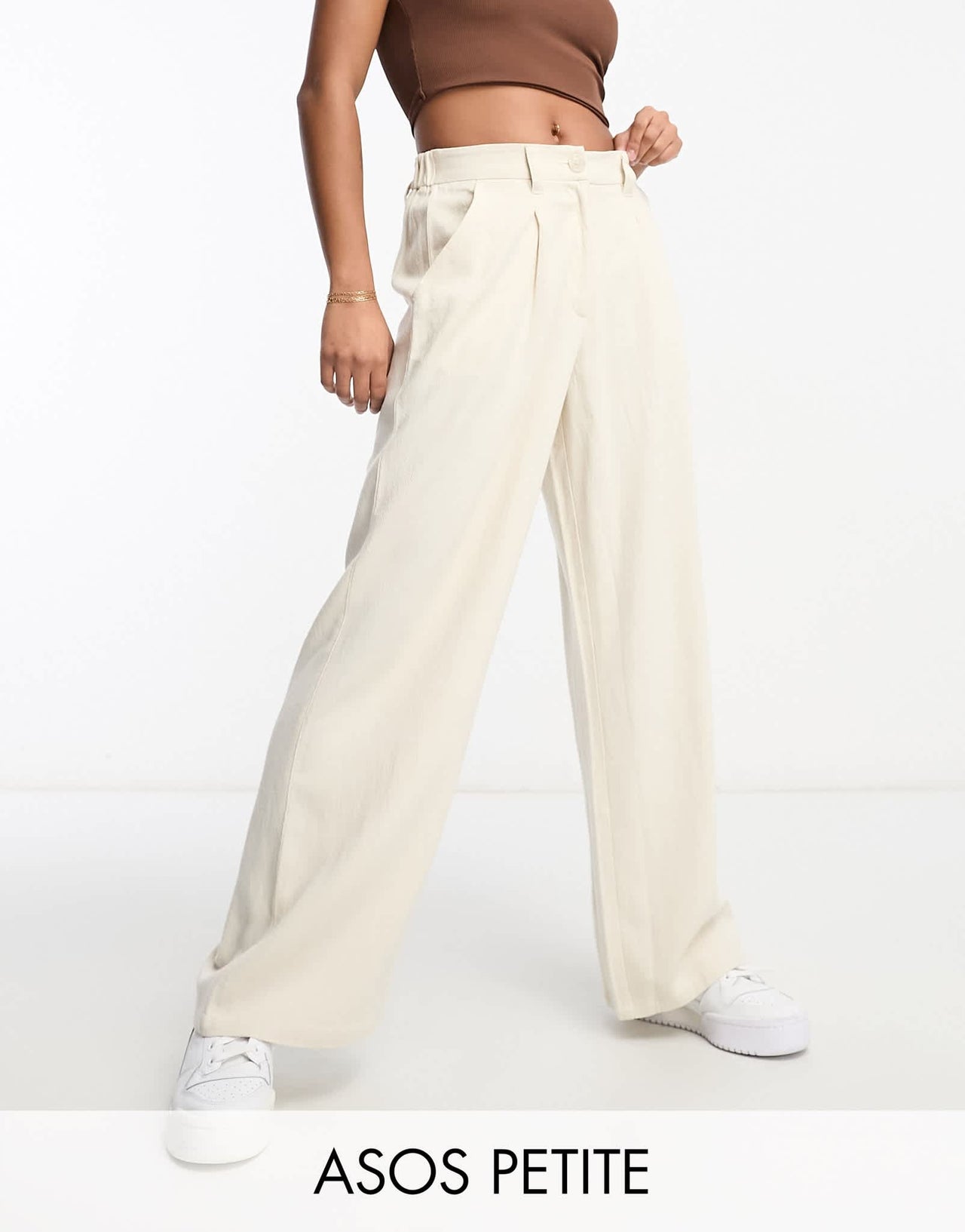 ASOS DESIGN Petite wide leg dad trousers with linen in stone - ASOS Sample Sale EU Store
