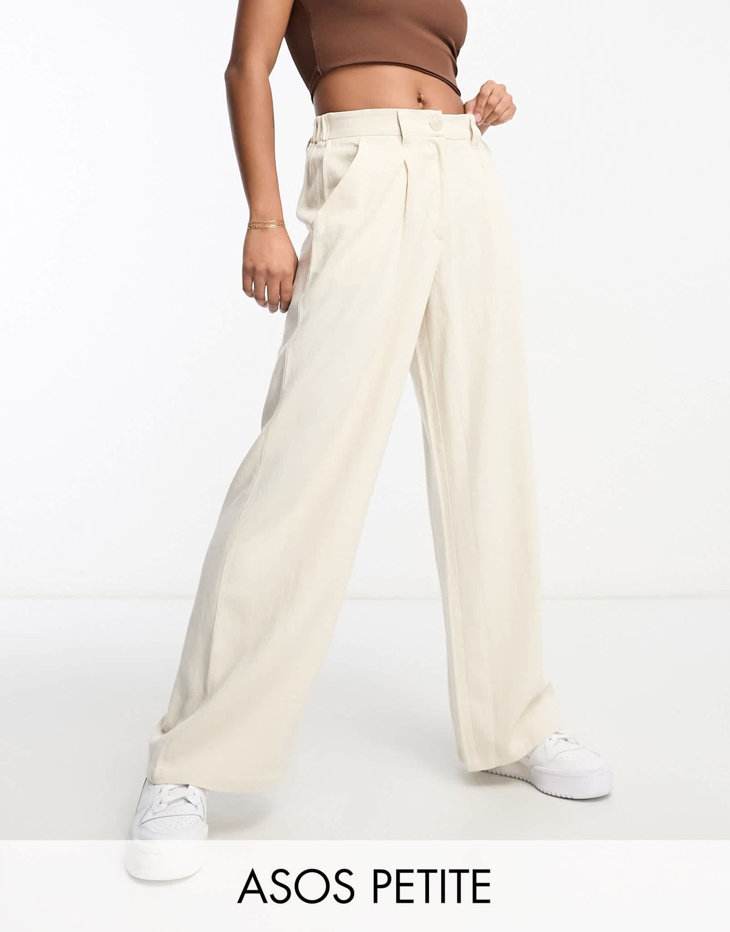 ASOS DESIGN Petite wide leg dad trousers with linen in stone - ASOS Sample Sale EU Store