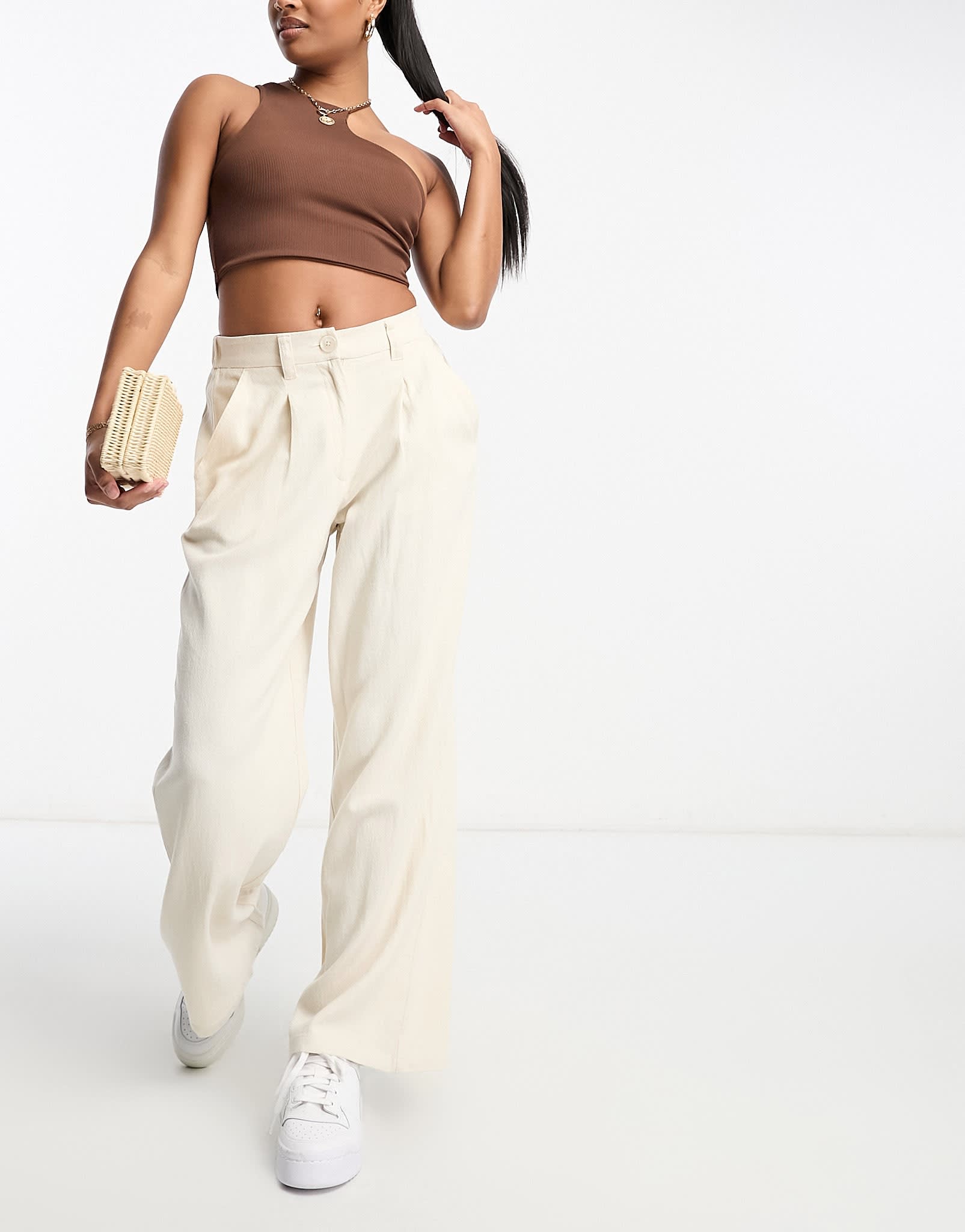 ASOS DESIGN Petite wide leg dad trousers with linen in stone - ASOS Sample Sale EU Store