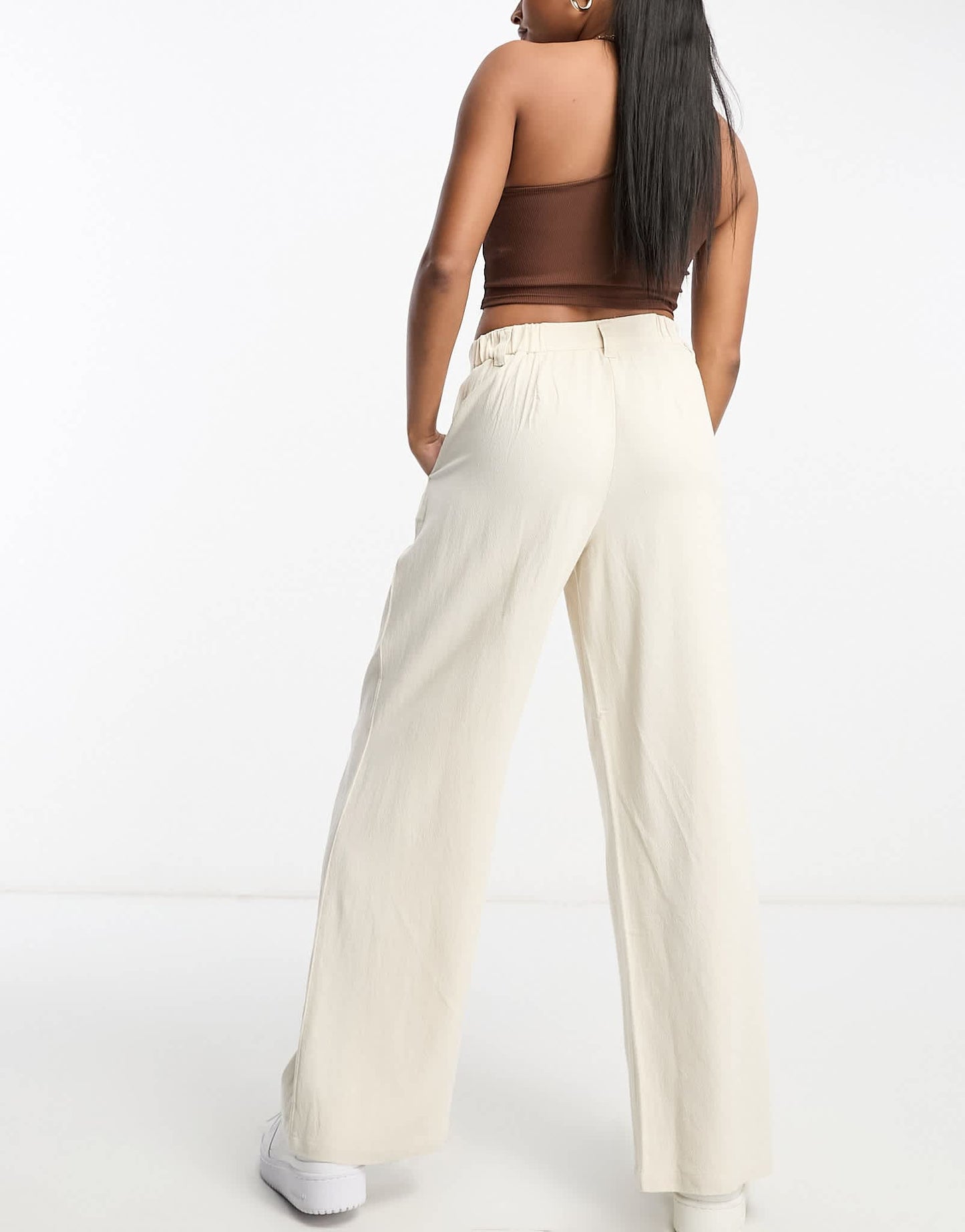 ASOS DESIGN Petite wide leg dad trousers with linen in stone - ASOS Sample Sale EU Store