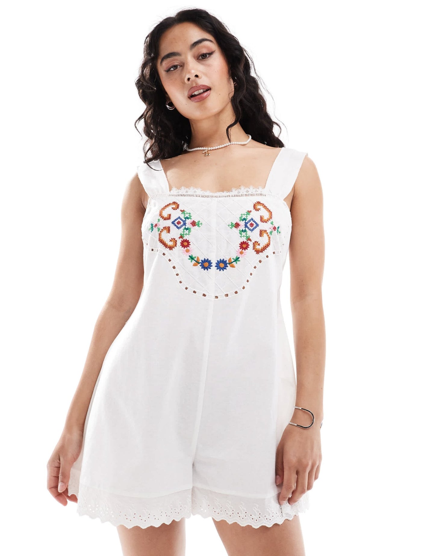 ASOS DESIGN picnic playsuit with embroidery in white - ASOS Sample Sale EU Store