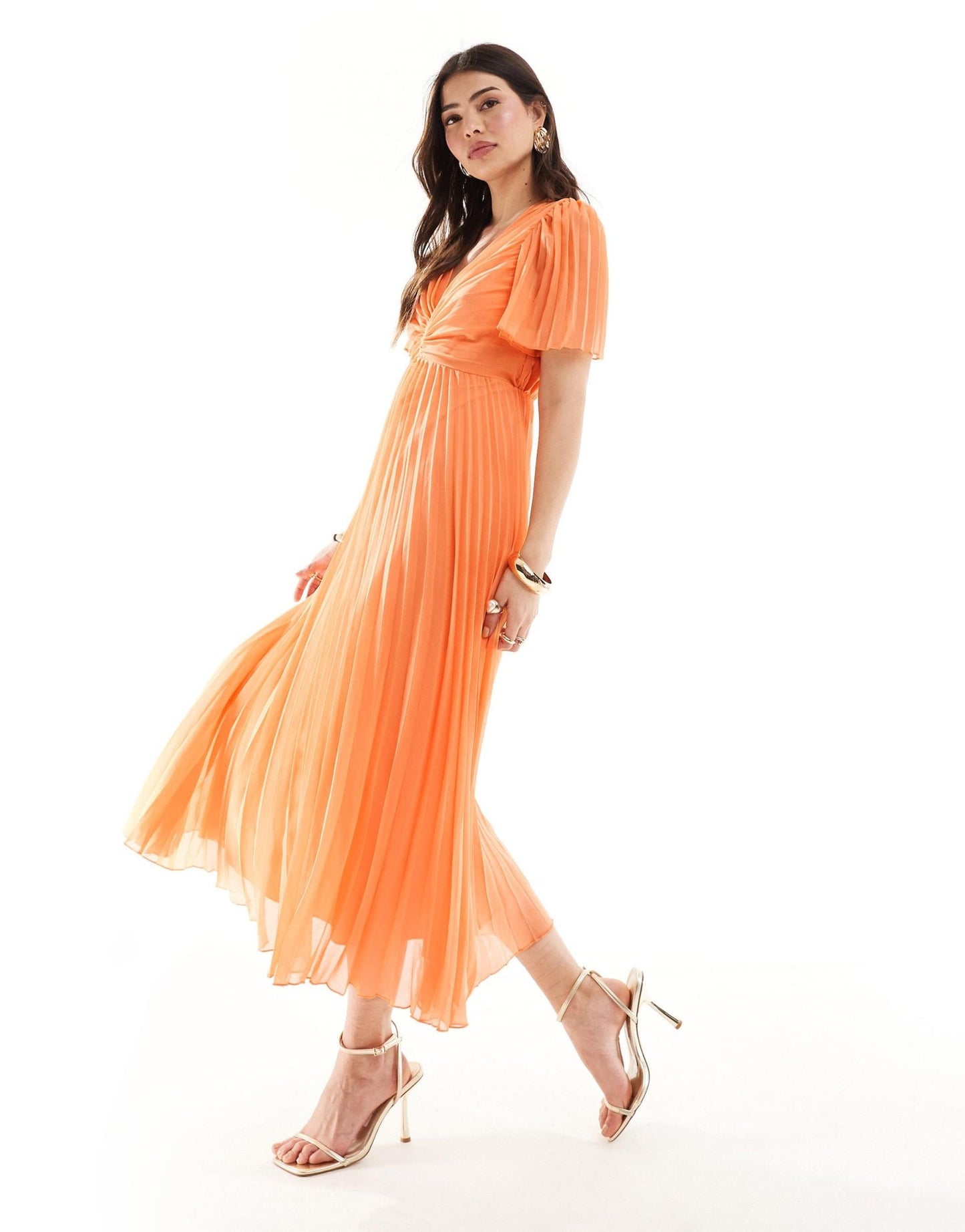 ASOS DESIGN pleated bodice flutter sleeve pleat midi dress in orange - ASOS Sample Sale EU Store