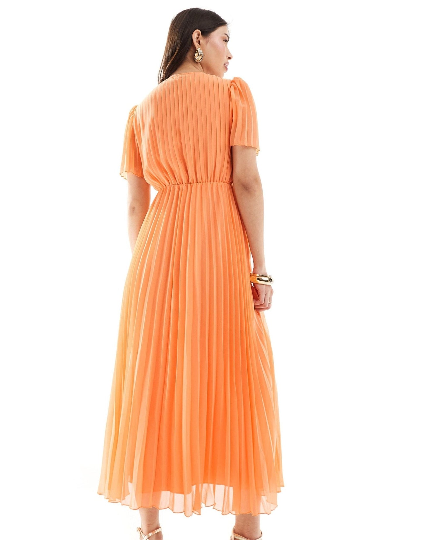 ASOS DESIGN pleated bodice flutter sleeve pleat midi dress in orange - ASOS Sample Sale EU Store