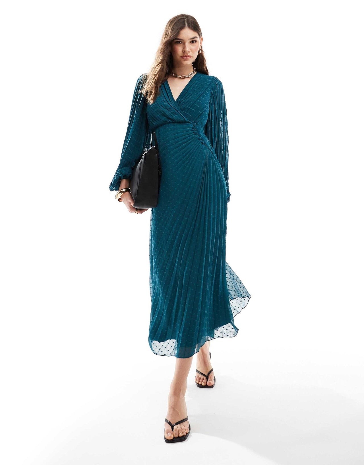 ASOS DESIGN pleated dobby chiffon wrap button detail maxi dress in teal green - ASOS Sample Sale EU Store