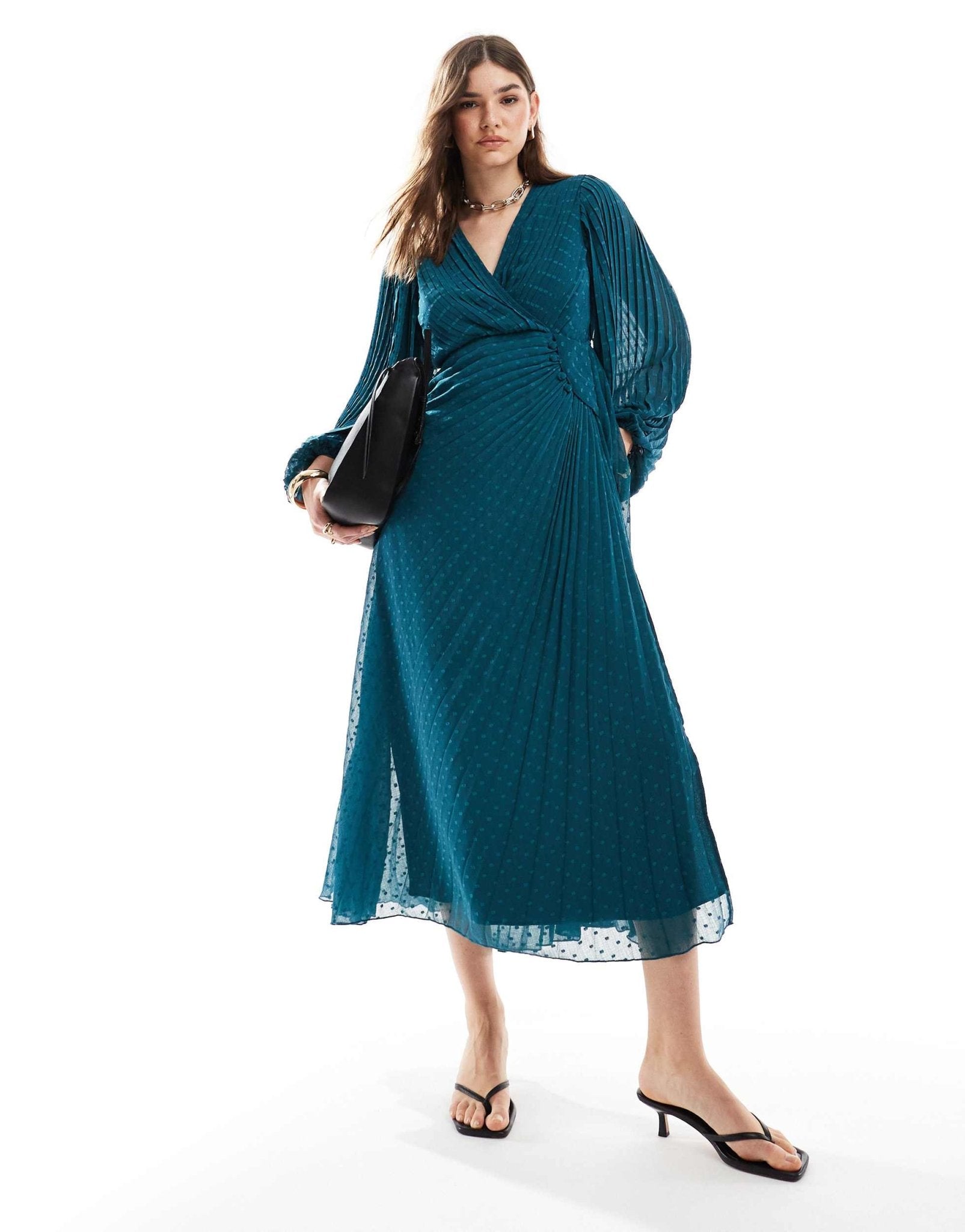 ASOS DESIGN pleated dobby chiffon wrap button detail maxi dress in teal green - ASOS Sample Sale EU Store