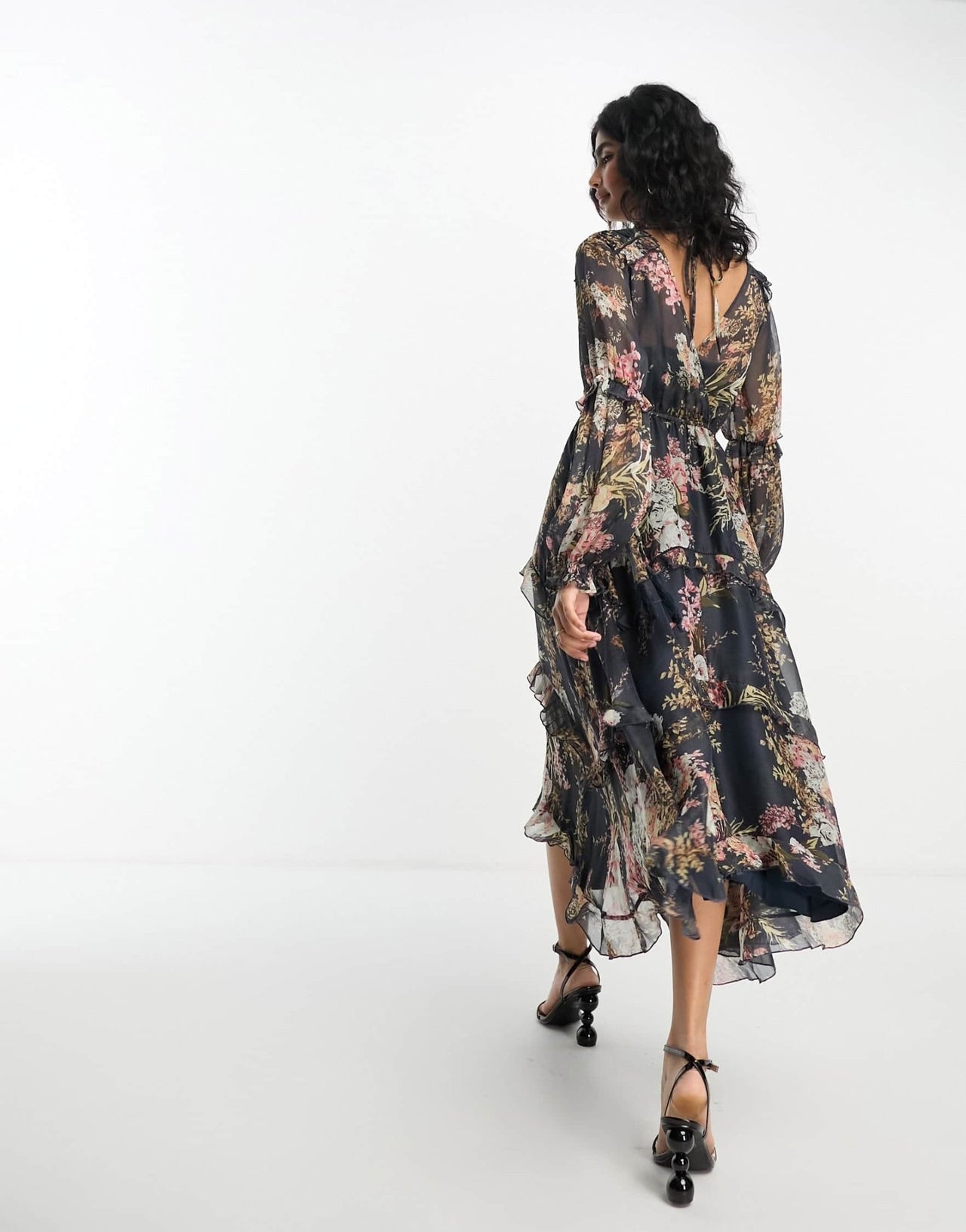 ASOS DESIGN pleated layered tiered midi dress in navy floral print with lace trim - ASOS Sample Sale EU Store