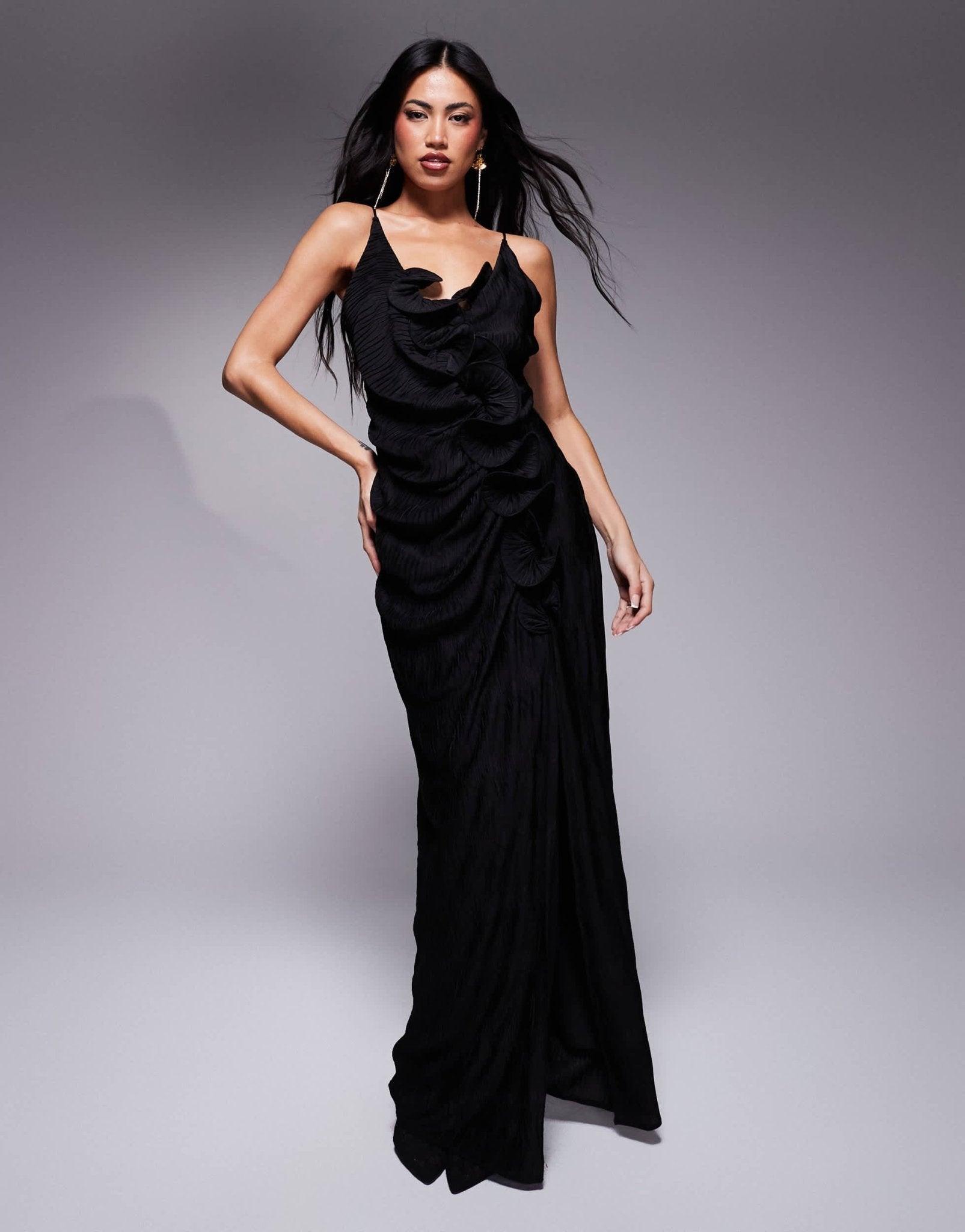 ASOS DESIGN plisse cami maxi dress with waterfall corsage ruffle in black - ASOS Sample Sale EU Store