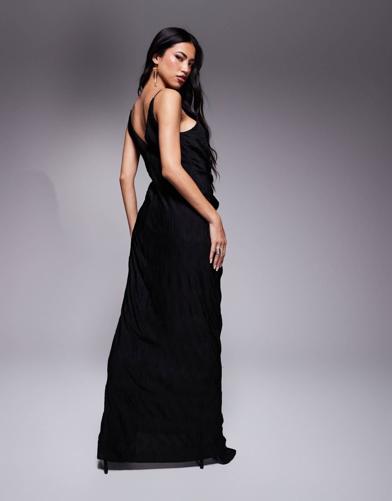 ASOS DESIGN plisse cami maxi dress with waterfall corsage ruffle in black - ASOS Sample Sale EU Store