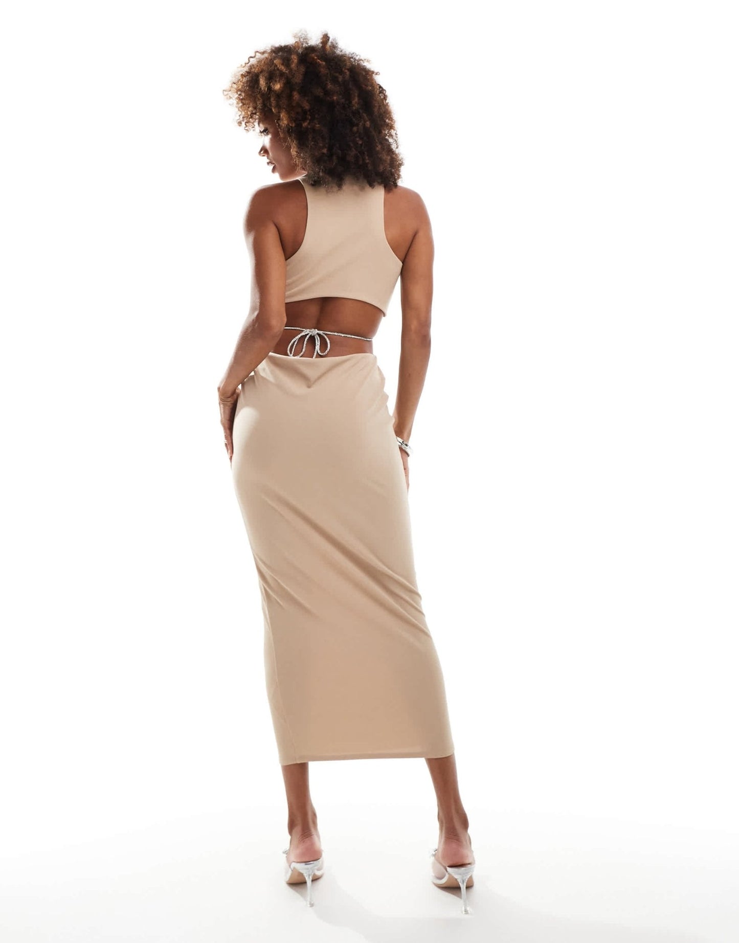 ASOS DESIGN plunge diamante trim cut out midi dress in mocha - ASOS Sample Sale EU Store