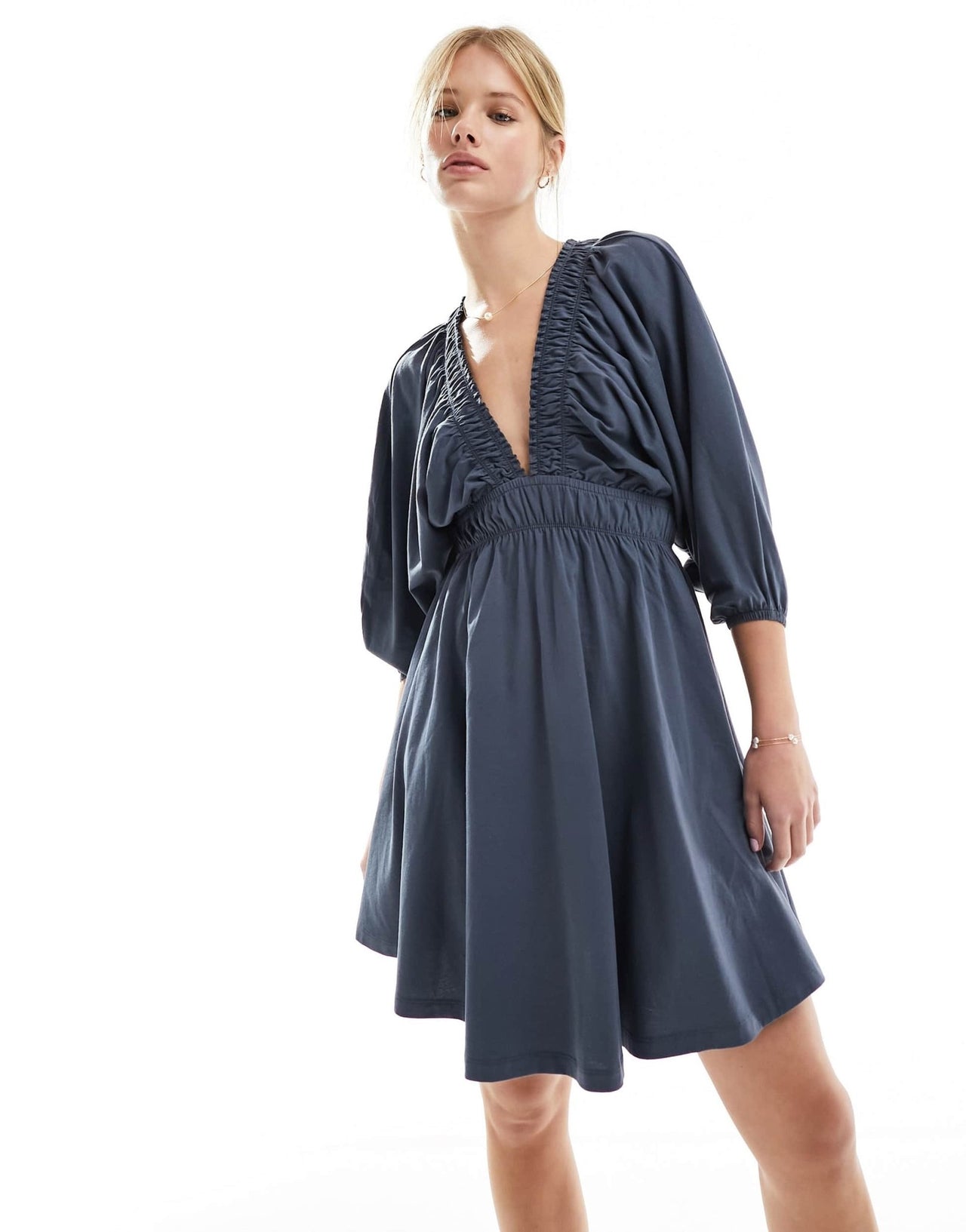 ASOS DESIGN plunge elastic tea mini dress with ruched waist in slate grey - ASOS Sample Sale EU Store