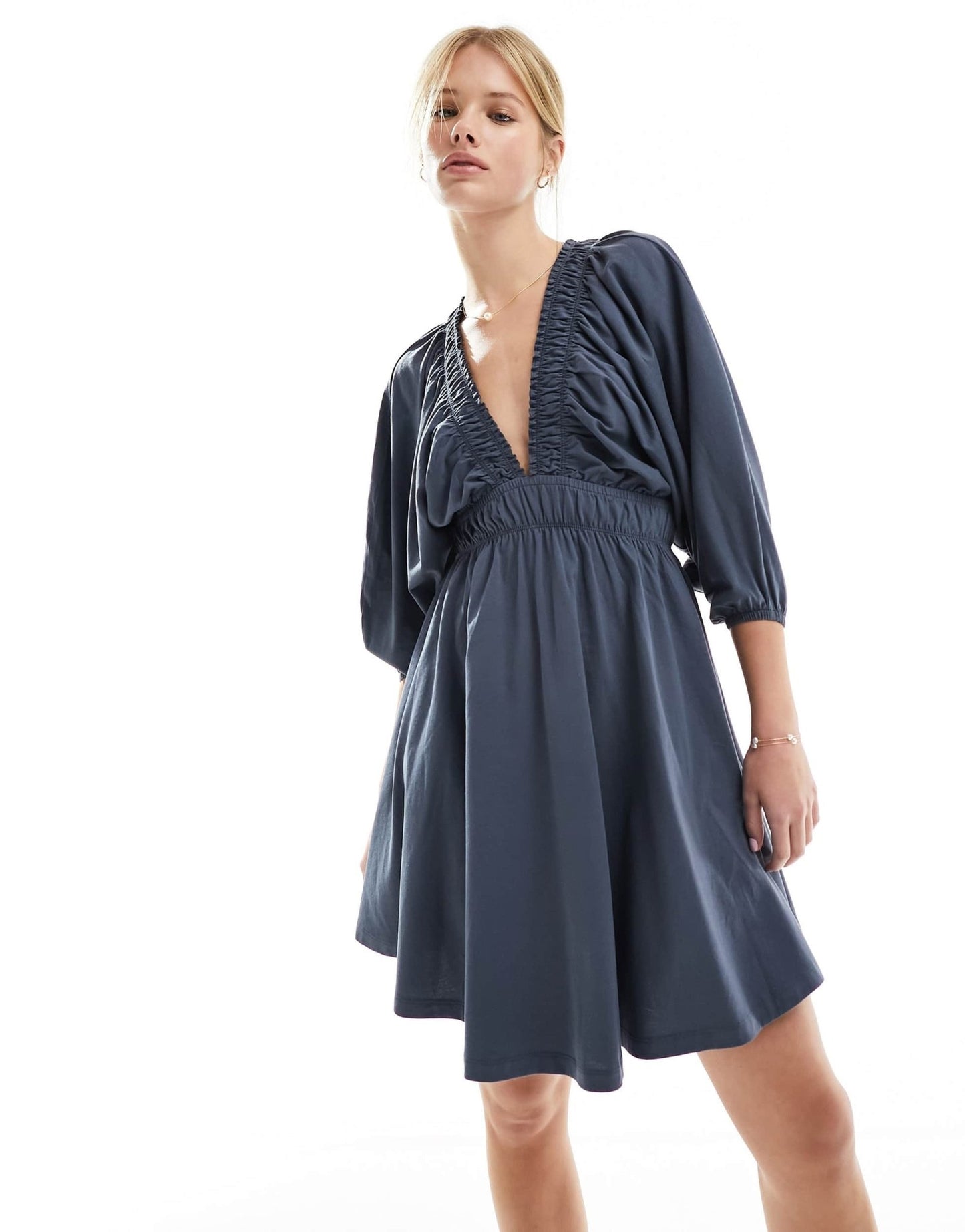 ASOS DESIGN plunge elastic tea mini dress with ruched waist in slate grey - ASOS Sample Sale EU Store