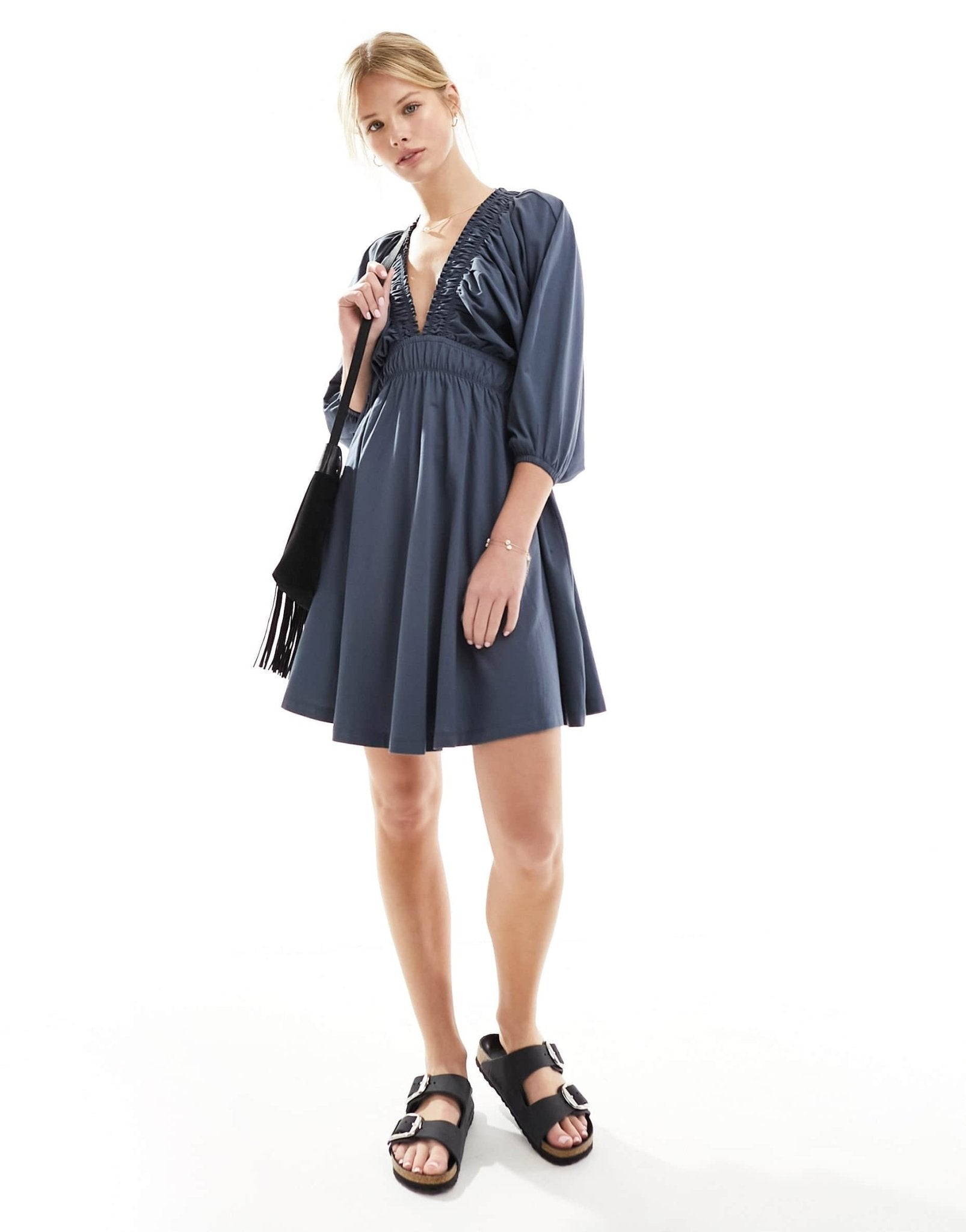 ASOS DESIGN plunge elastic tea mini dress with ruched waist in slate grey - ASOS Sample Sale EU Store