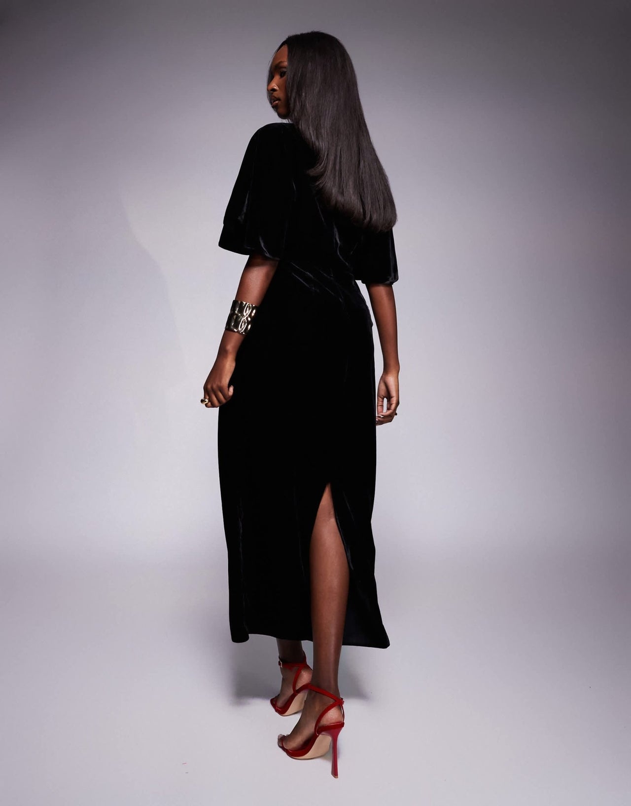 ASOS DESIGN plunge front velvet flutter sleeve midaxi dress in black - ASOS Sample Sale EU Store