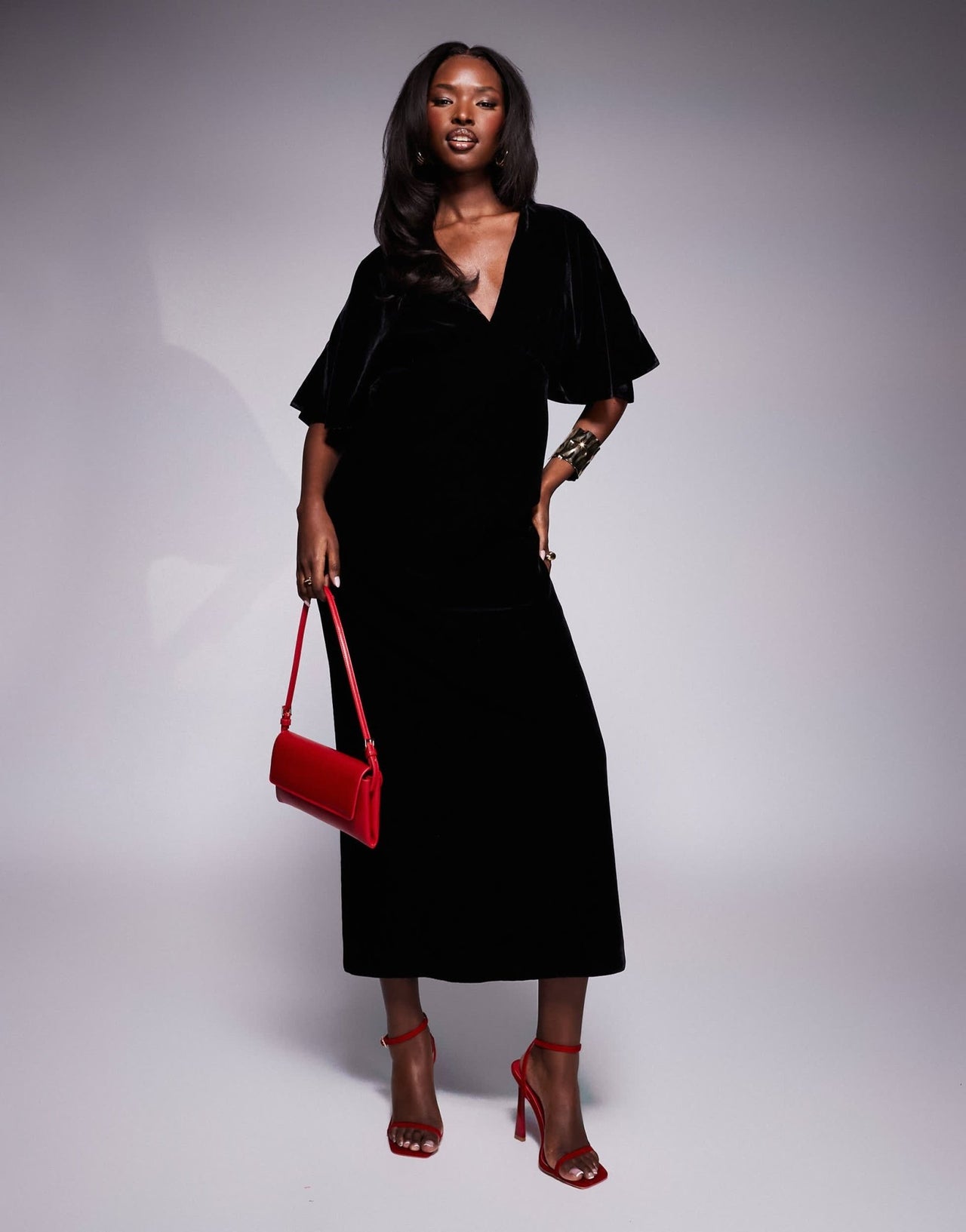 ASOS DESIGN plunge front velvet flutter sleeve midaxi dress in black - ASOS Sample Sale EU Store