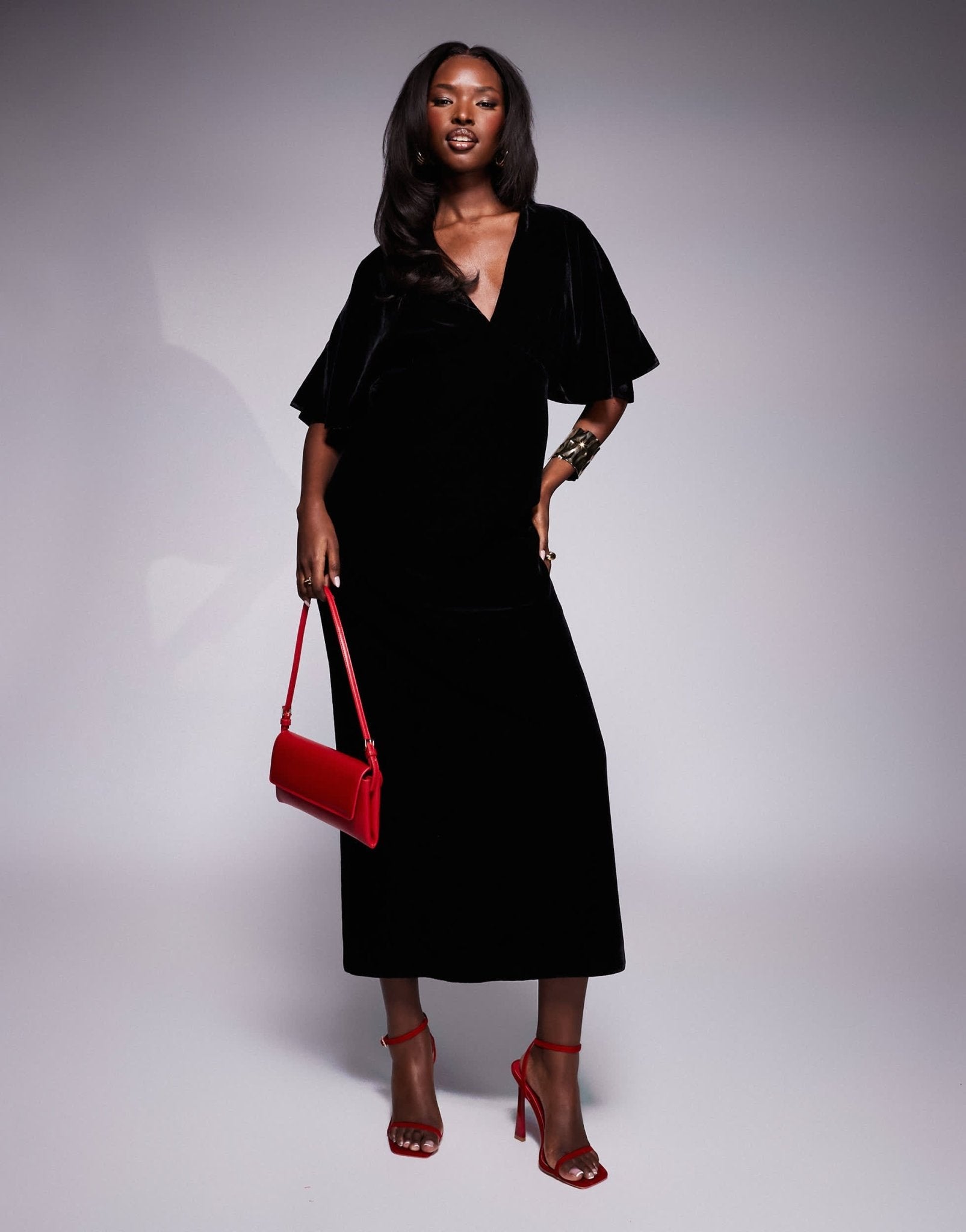 ASOS DESIGN plunge front velvet flutter sleeve midaxi dress in black - ASOS Sample Sale EU Store