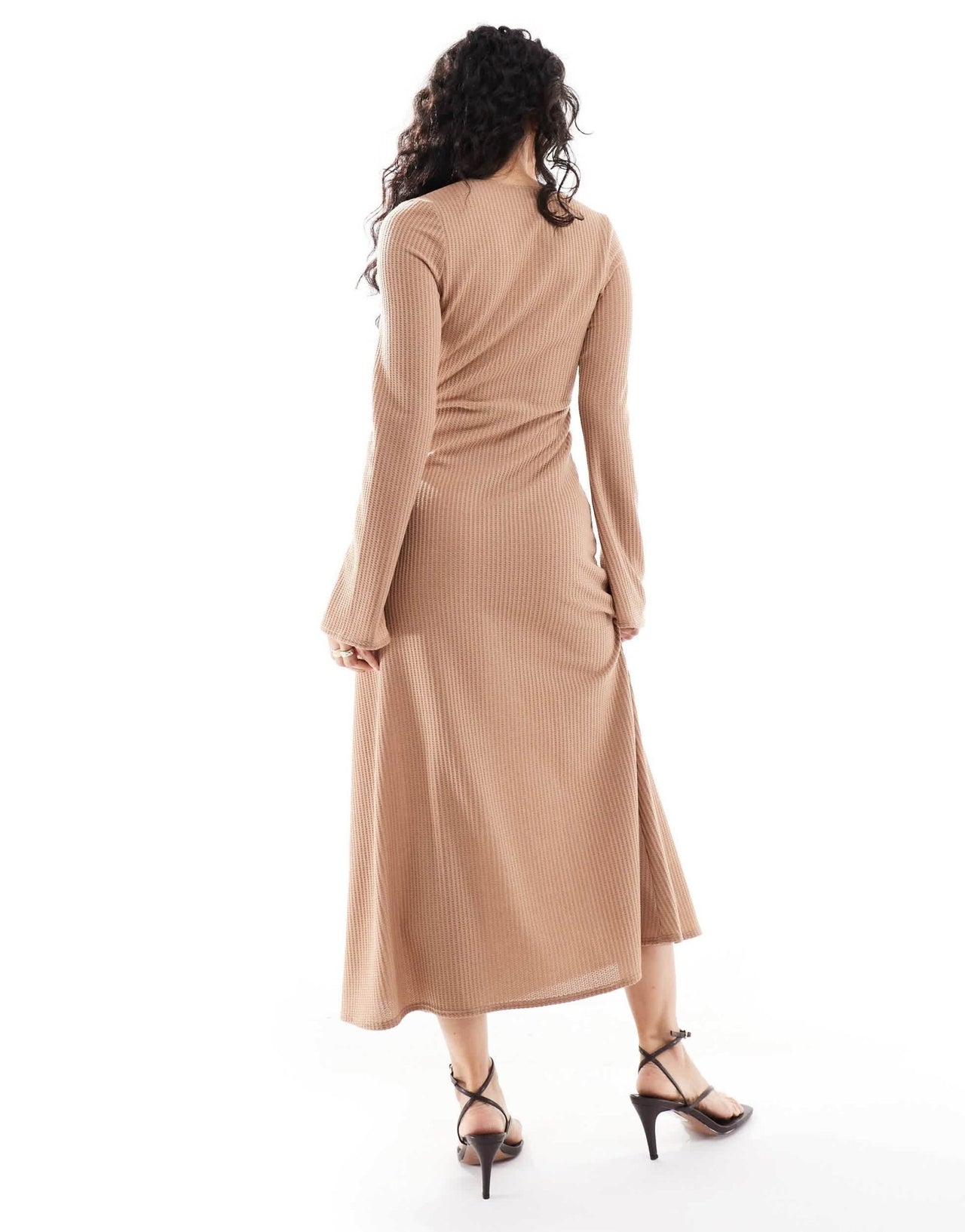 ASOS DESIGN plunge long sleeve maxi dress with beaded trim in camel - ASOS Sample Sale EU Store