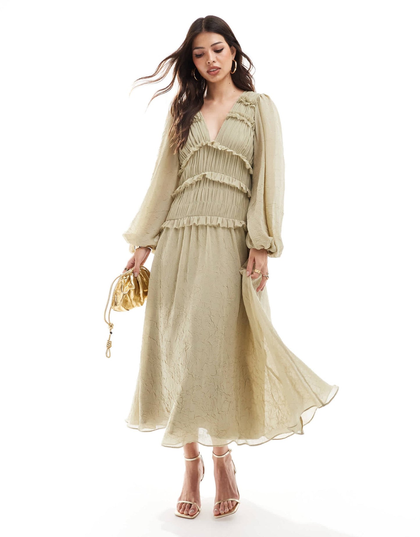 ASOS DESIGN plunge neck midi dress with ruffles in olive green - ASOS Sample Sale EU Store