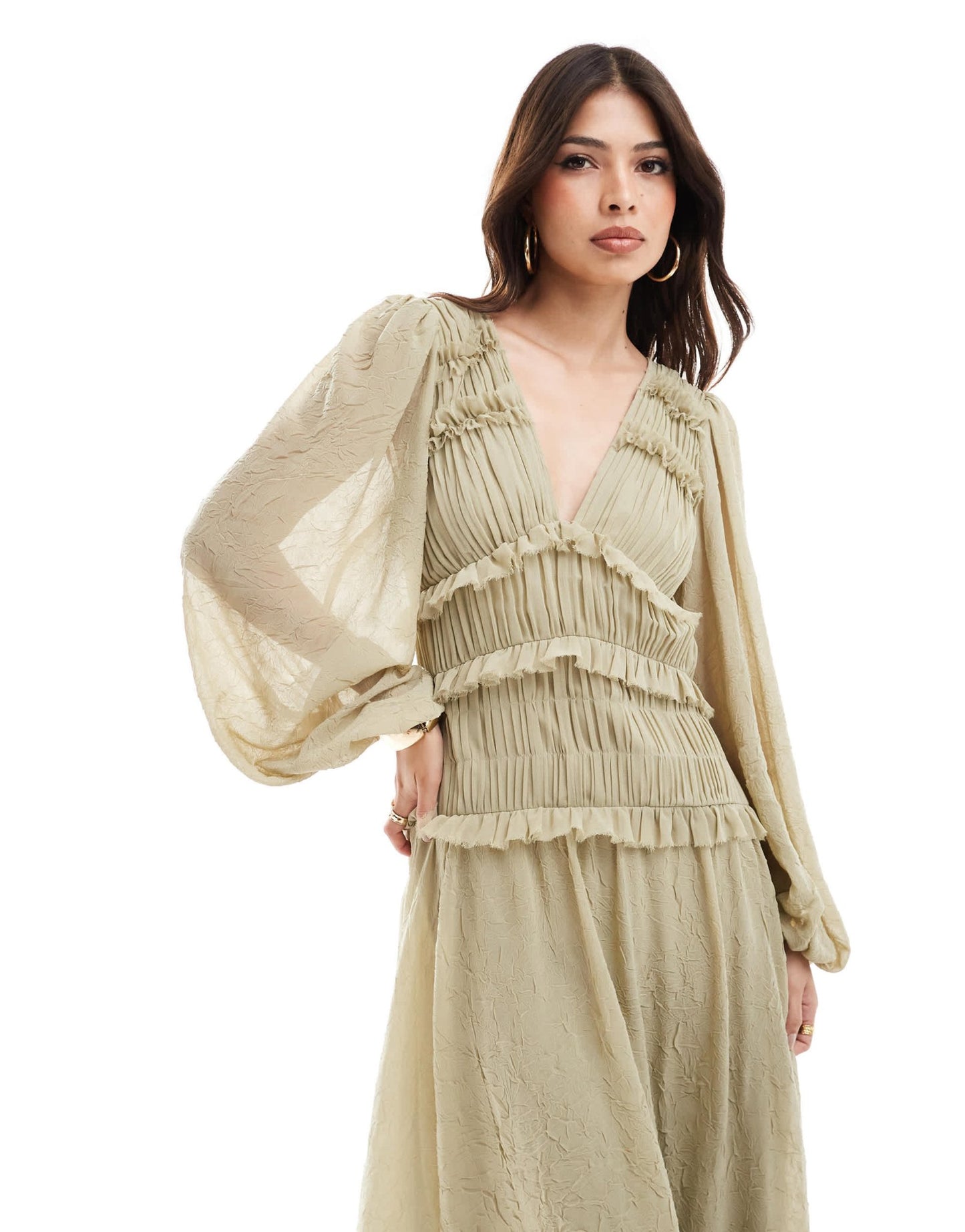 ASOS DESIGN plunge neck midi dress with ruffles in olive green - ASOS Sample Sale EU Store