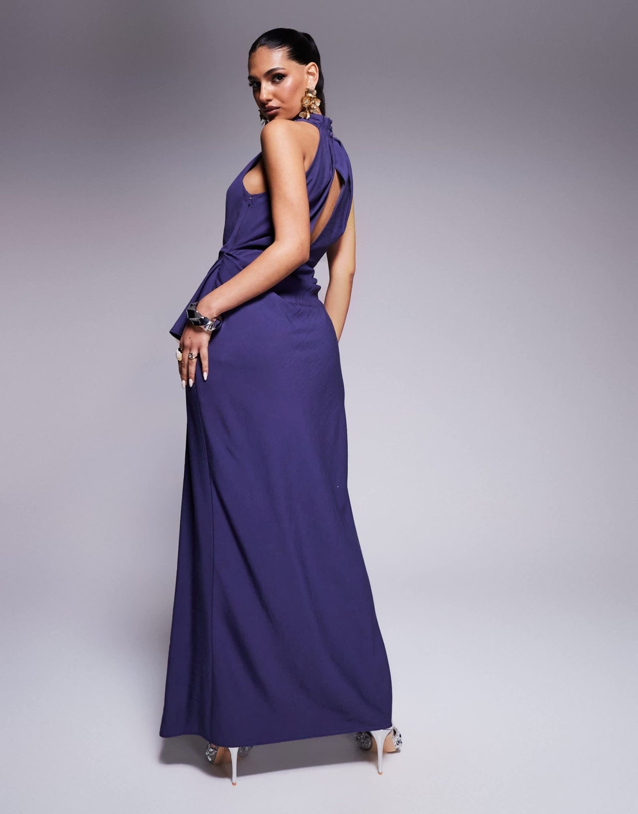 ASOS DESIGN plunge wrap front textured maxi dress with draped skirt in indigo blue - ASOS Sample Sale EU Store