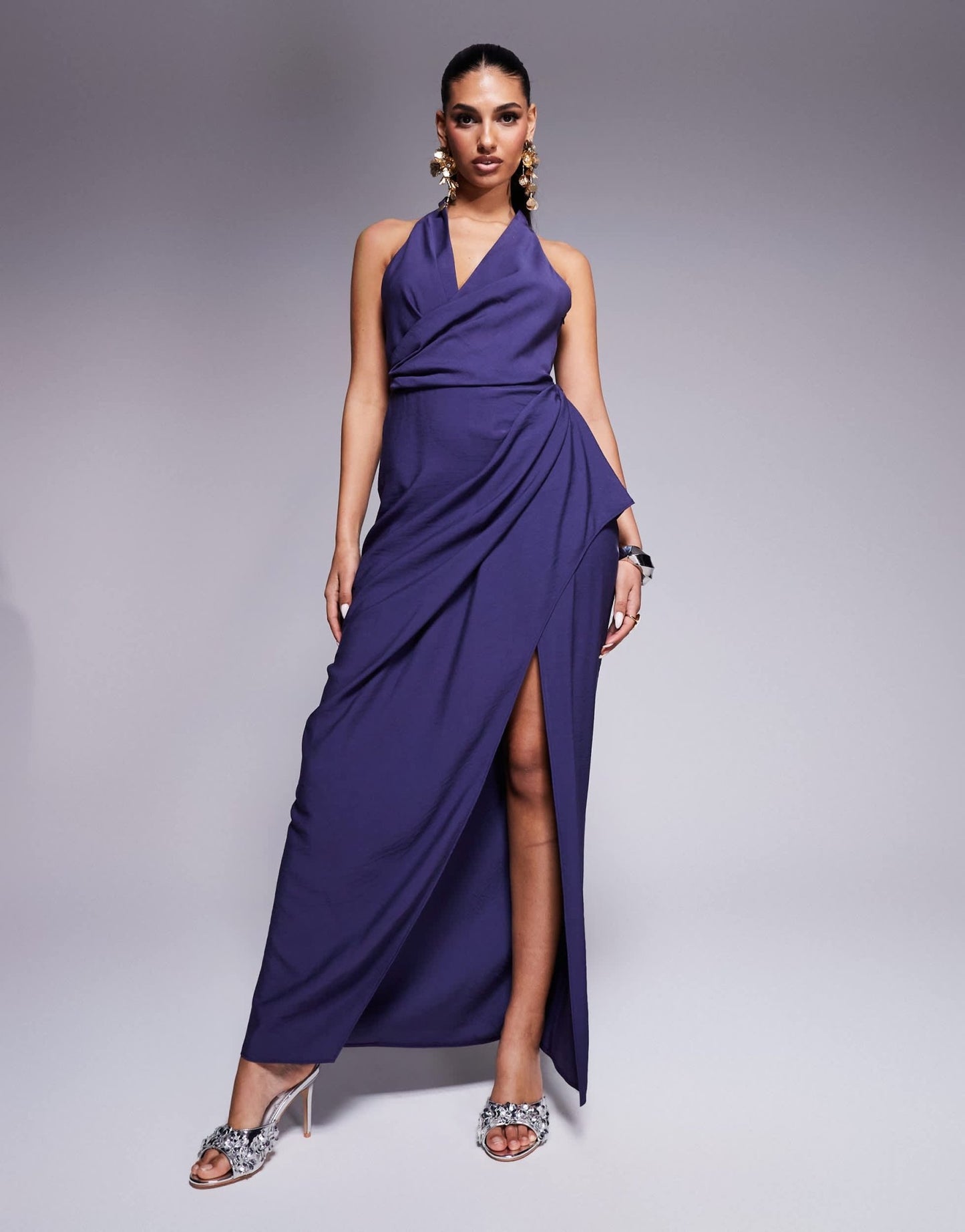 ASOS DESIGN plunge wrap front textured maxi dress with draped skirt in indigo blue - ASOS Sample Sale EU Store