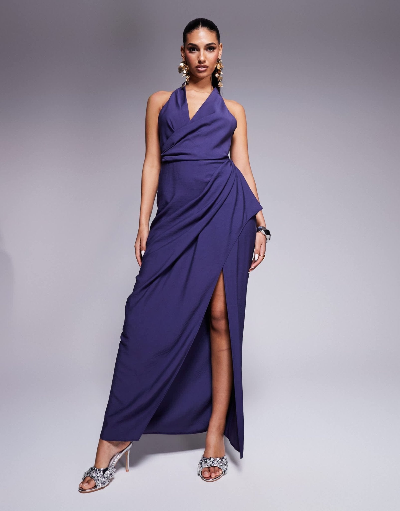 ASOS DESIGN plunge wrap front textured maxi dress with draped skirt in indigo blue - ASOS Sample Sale EU Store