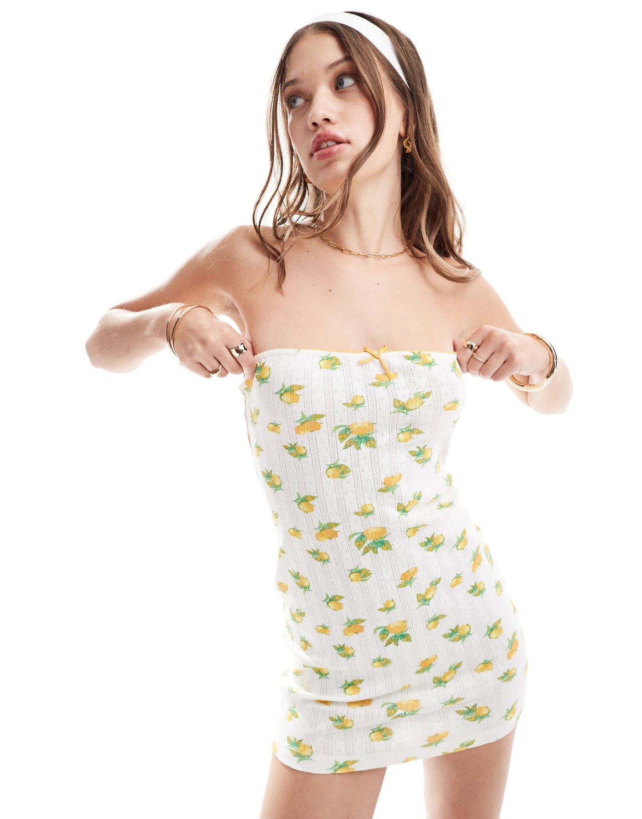 ASOS DESIGN pointelle bandeau mini dress in lemon fruit print - ASOS Sample Sale EU Store