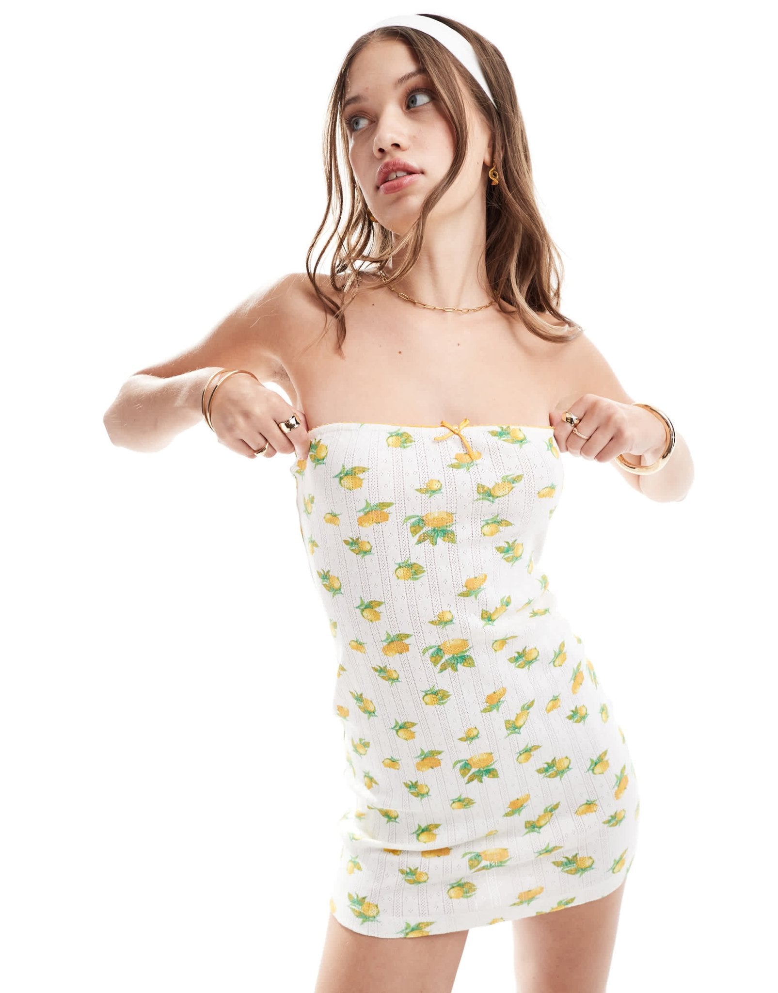 ASOS DESIGN pointelle bandeau mini dress in lemon fruit print - ASOS Sample Sale EU Store