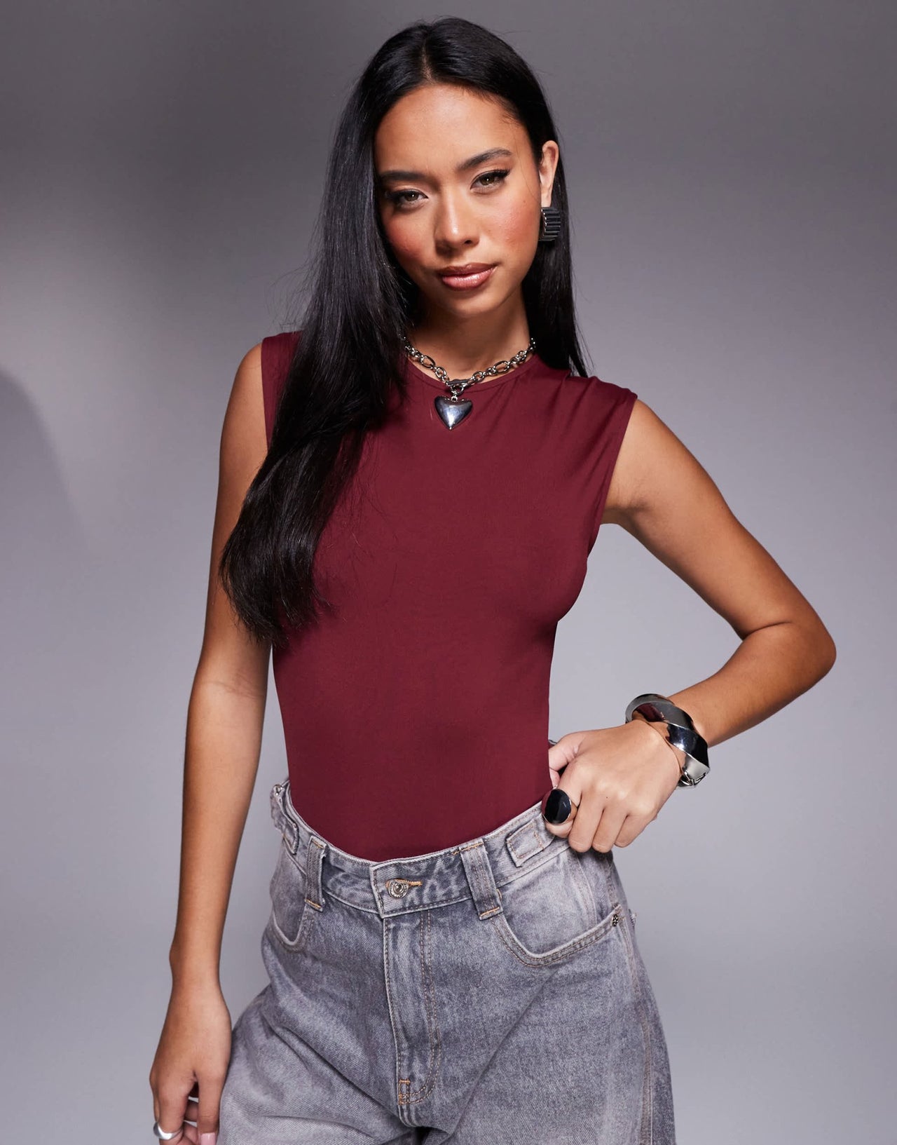 ASOS DESIGN polyamide slinky wide shoulder sleeveless bodysuit suit in burgundy - ASOS Sample Sale EU Store