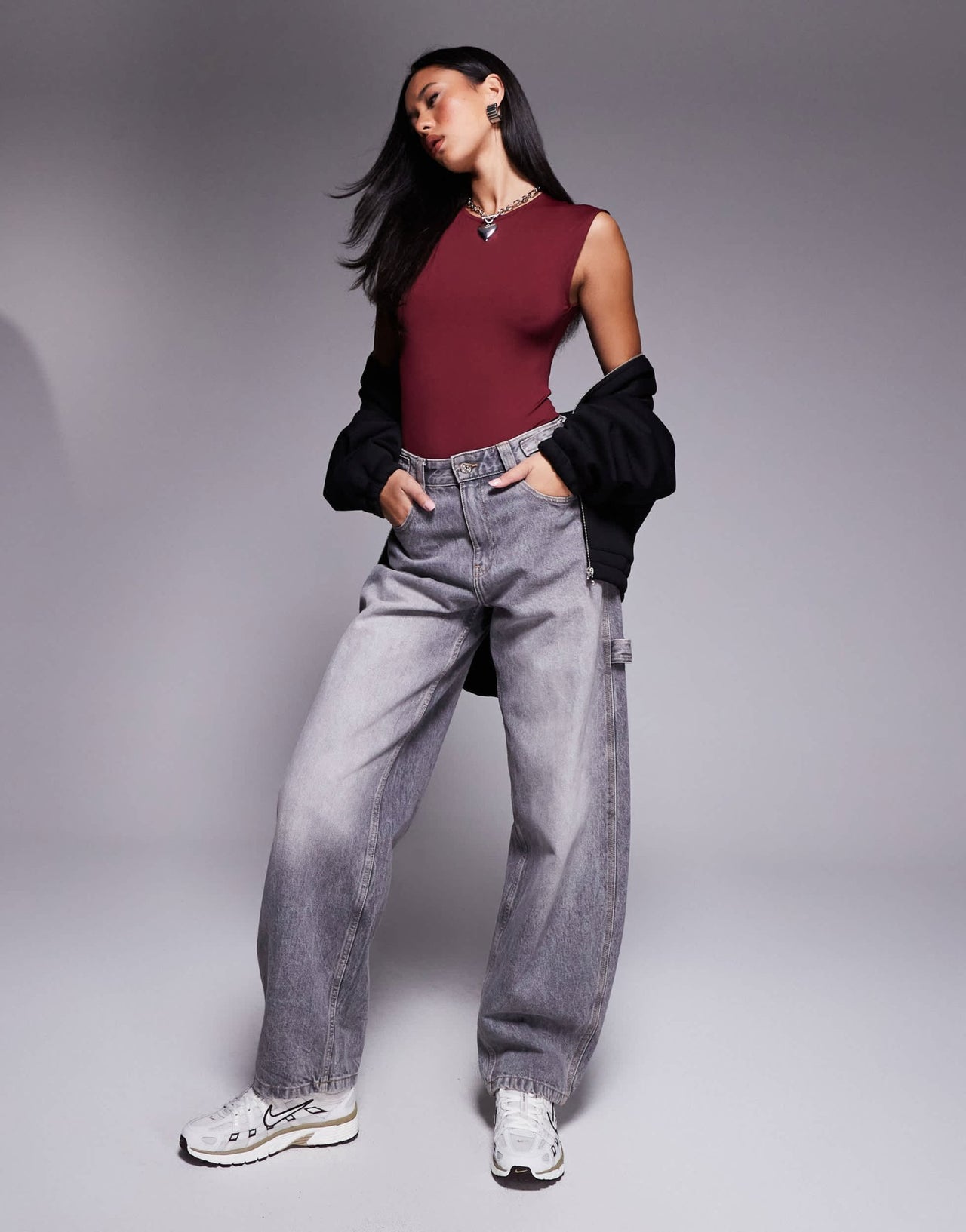 ASOS DESIGN polyamide slinky wide shoulder sleeveless bodysuit suit in burgundy - ASOS Sample Sale EU Store
