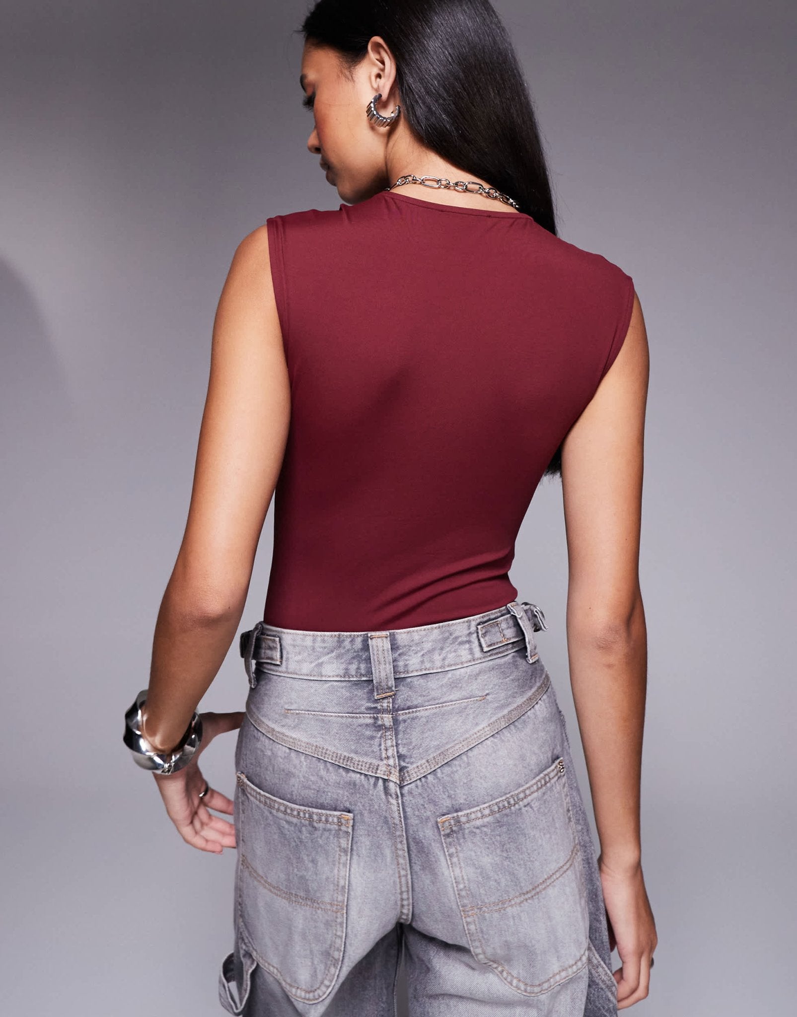 ASOS DESIGN polyamide slinky wide shoulder sleeveless bodysuit suit in burgundy - ASOS Sample Sale EU Store