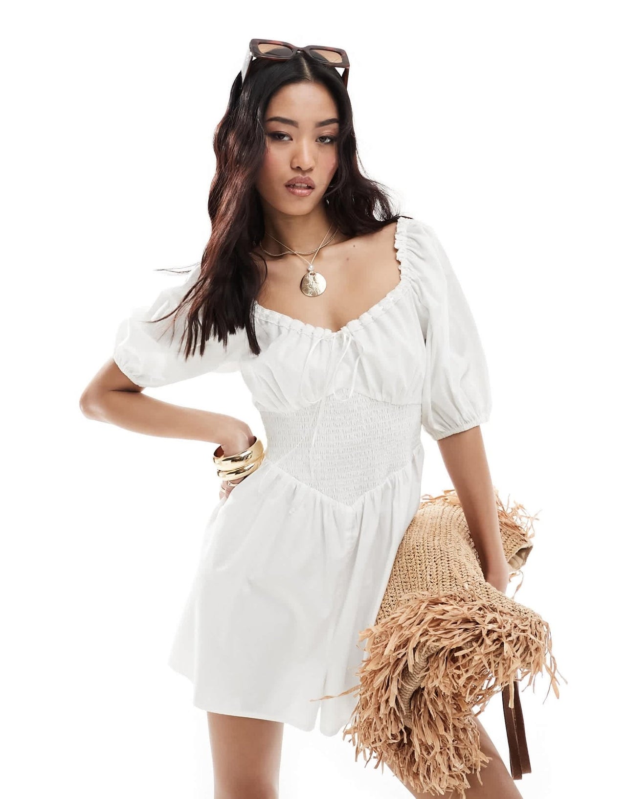 ASOS DESIGN poplin milkmaid balloon sleeve playsuit with lace neck detail in white - ASOS Sample Sale EU Store