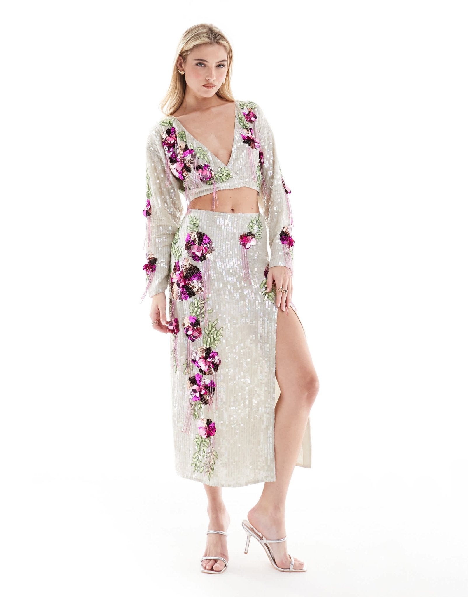 ASOS DESIGN premium 3D floral embellished midi skirt co - ord in silver and pink - ASOS Sample Sale EU Store
